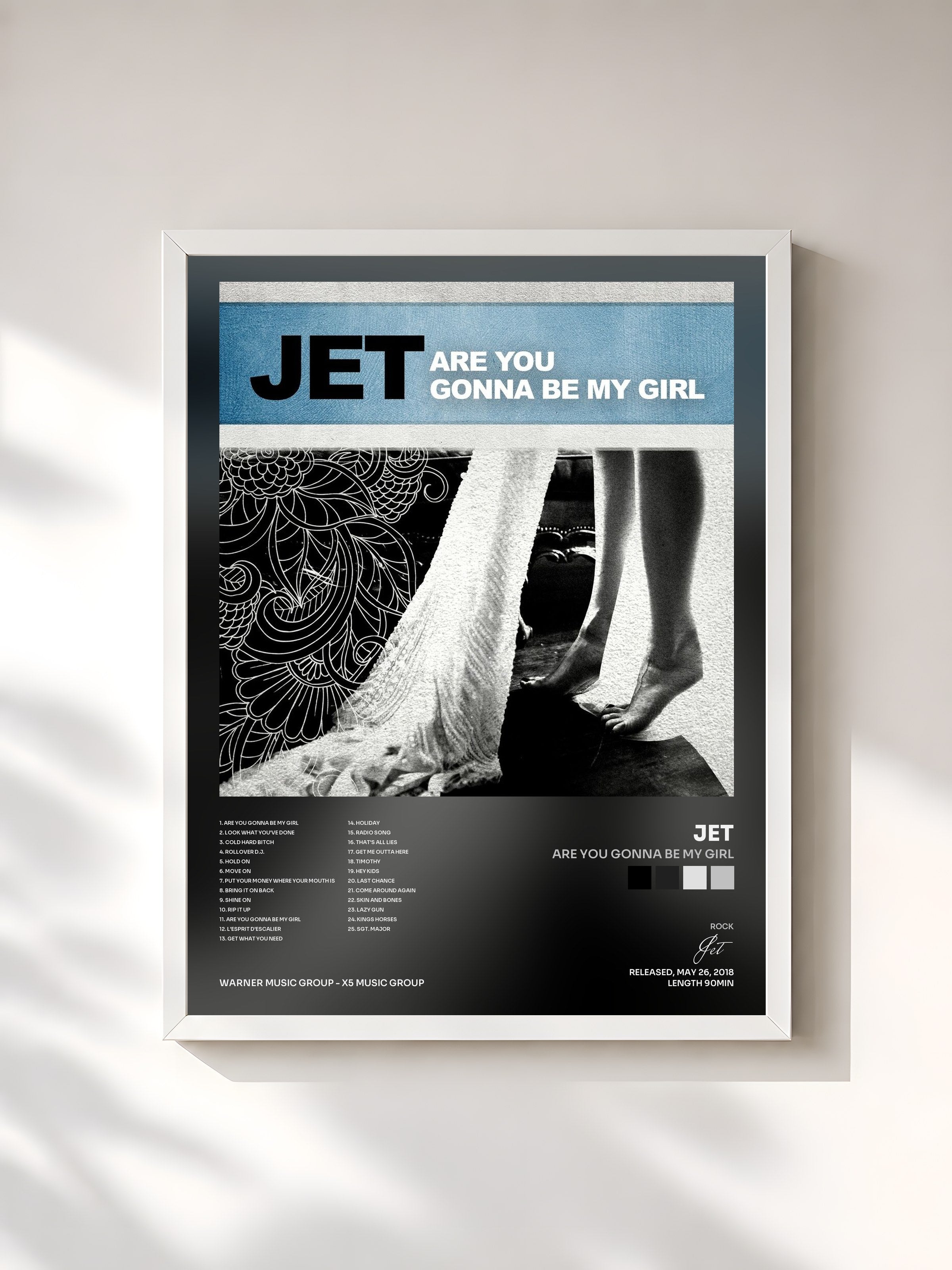 #blanc Tableau de l'album Are You Gonna Be My Girl de Jet, cadre blanc, imprimé et encadré en France