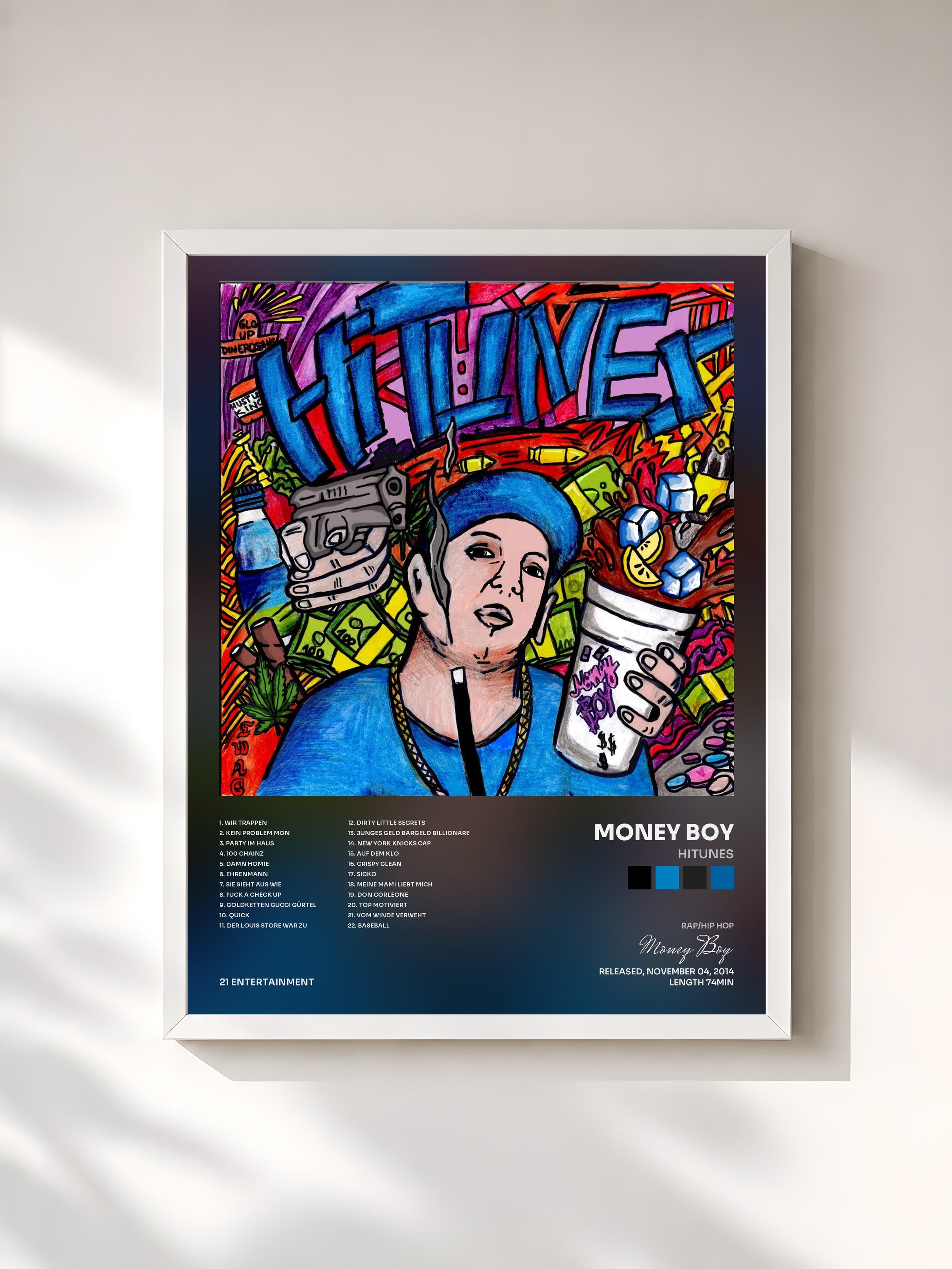 #blanc Tableau de l'album HiTunes de Money Boy, cadre blanc, imprimé et encadré en France