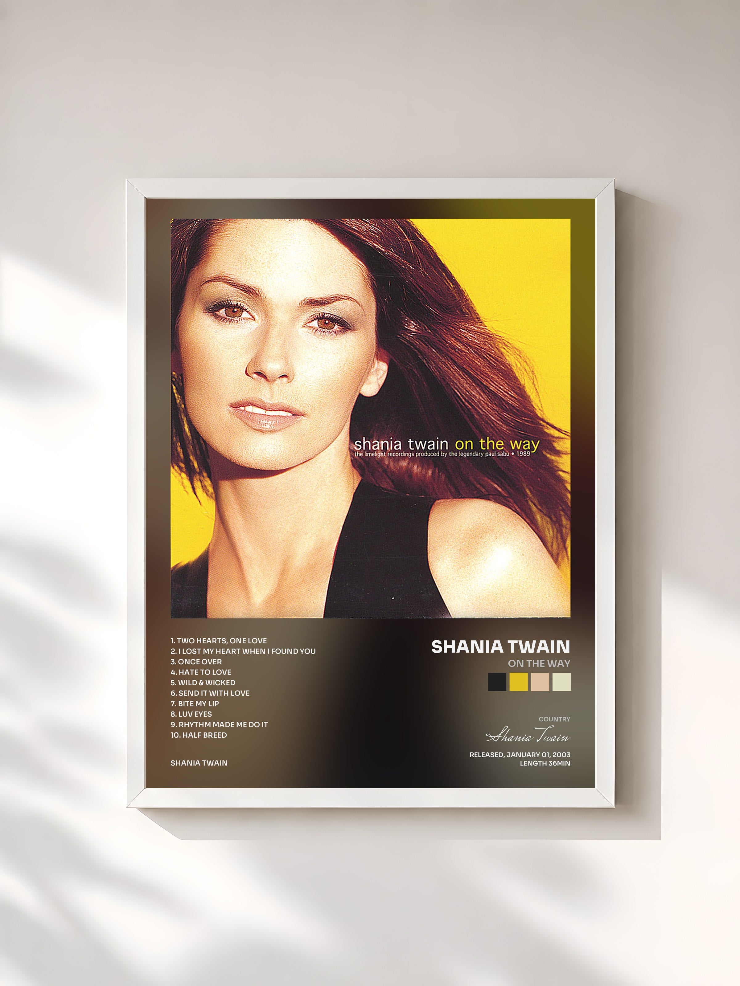 #blanc Tableau de l'album On The Way de Shania Twain, cadre blanc, imprimé et encadré en France