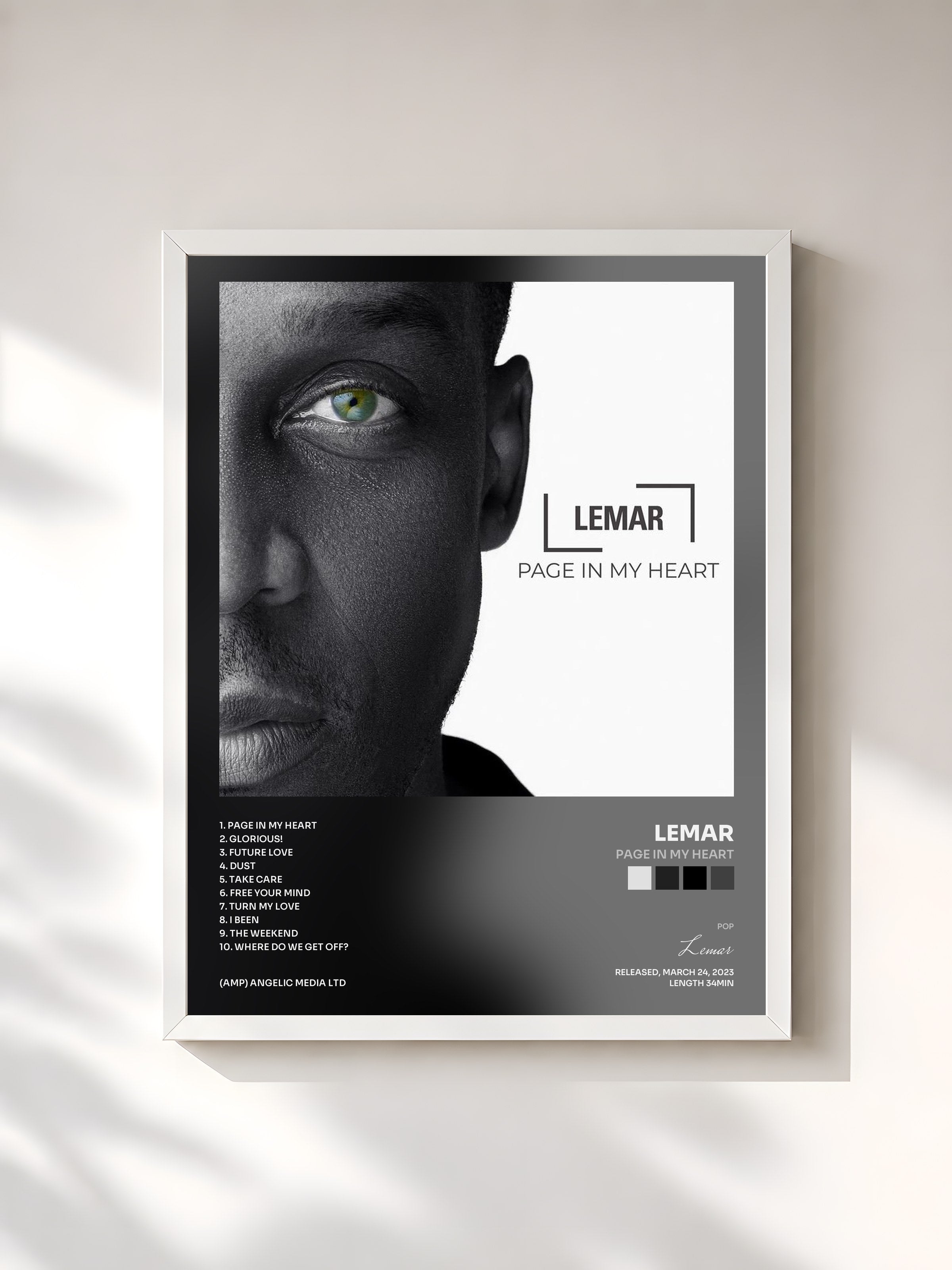#blanc Tableau de l'album Page In My Heart de Lemar, cadre blanc, imprimé et encadré en France