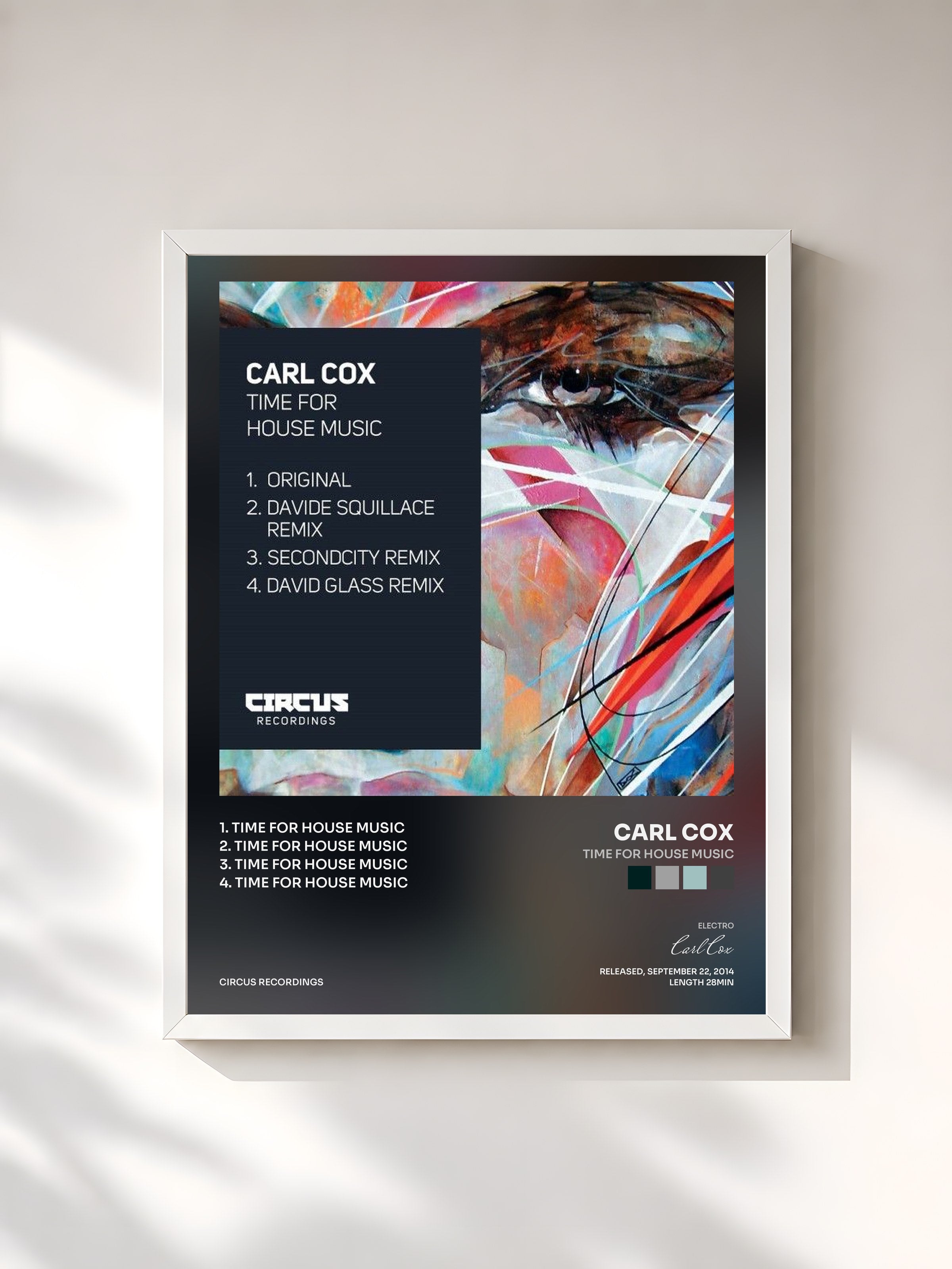 #blanc Tableau de l'album Time for House Music de Carl Cox, cadre blanc, imprimé et encadré en France