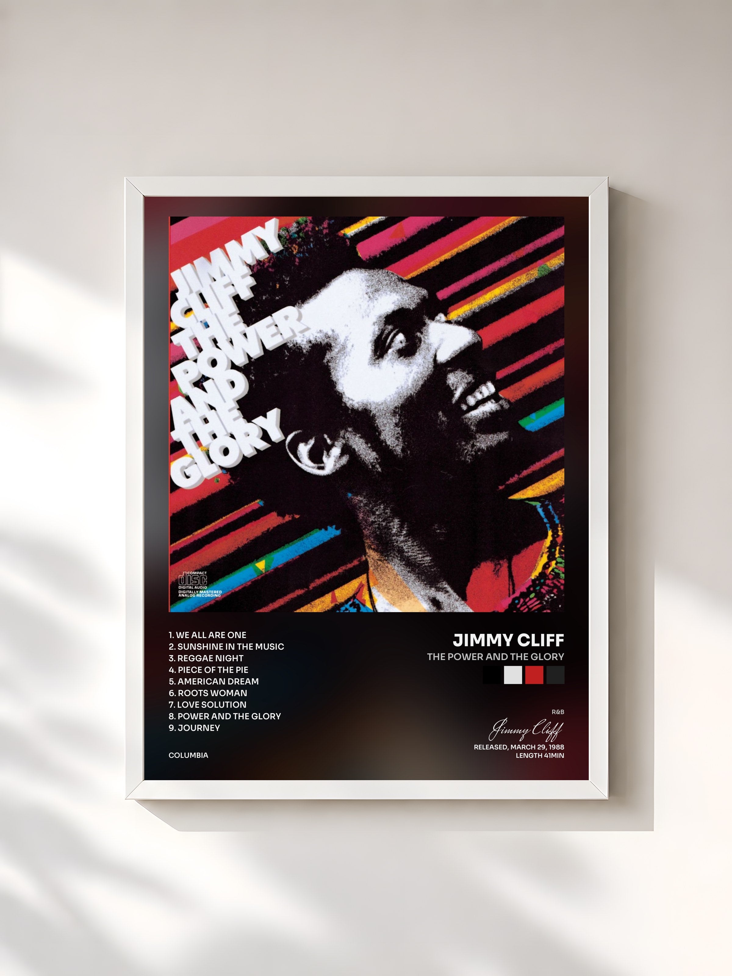 #blanc Tableau de l'album The Power And The Glory de Jimmy Cliff, cadre blanc, imprimé et encadré en France