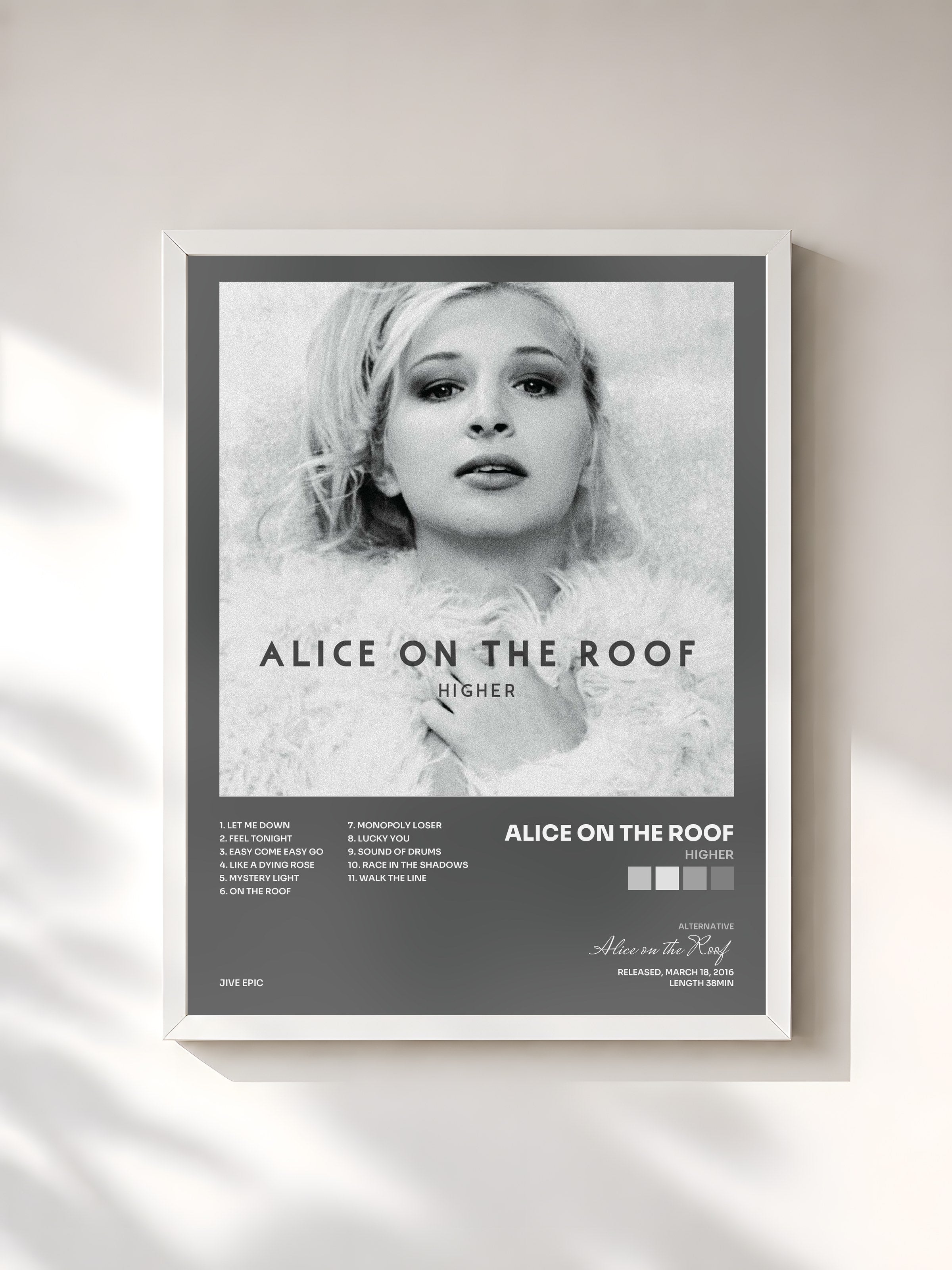 #blanc Tableau de l'album Higher de Alice on the Roof, cadre blanc, imprimé et encadré en France