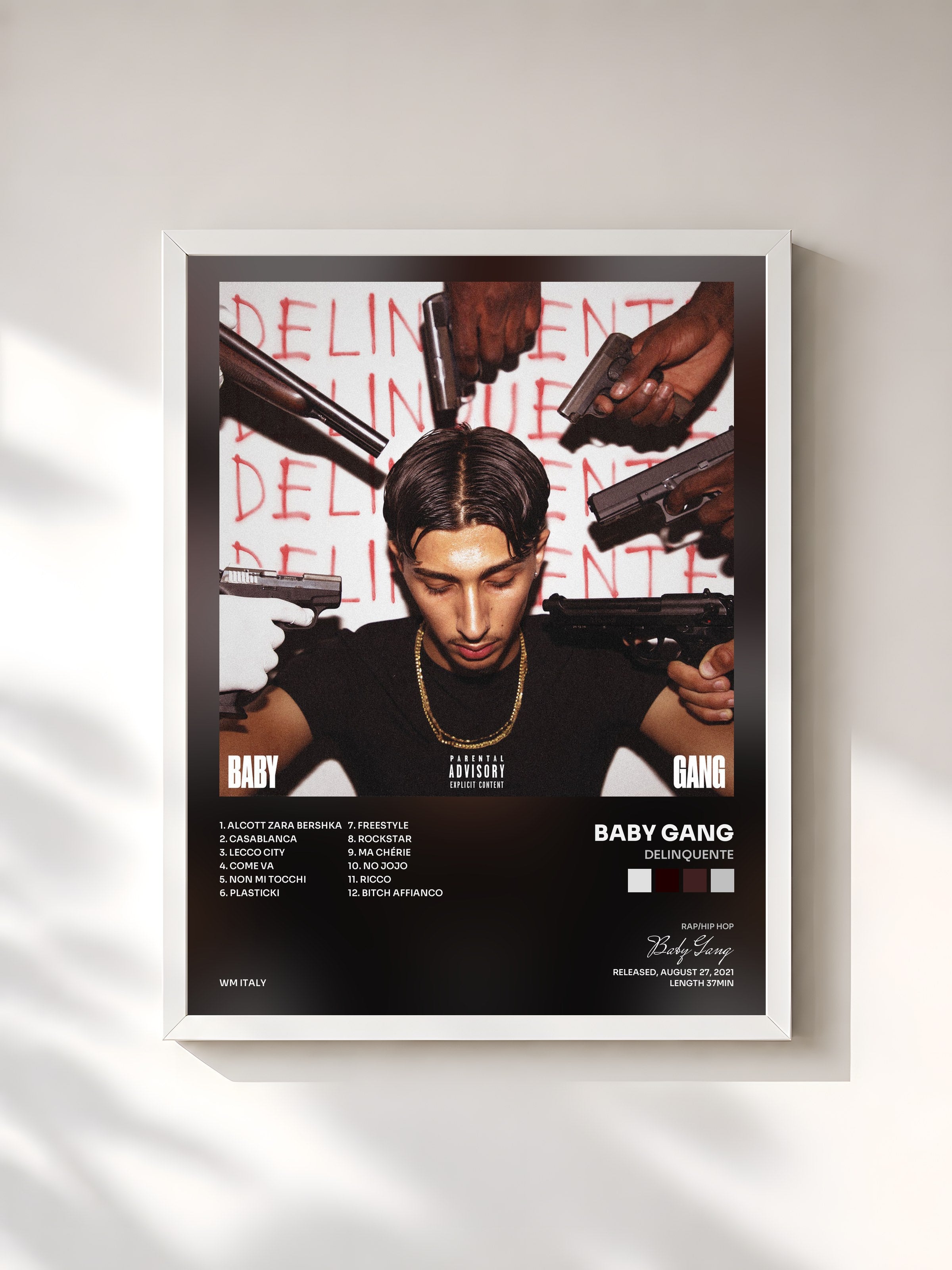 #blanc Tableau de l'album DELINQUENTE de Baby Gang, cadre blanc, imprimé et encadré en France