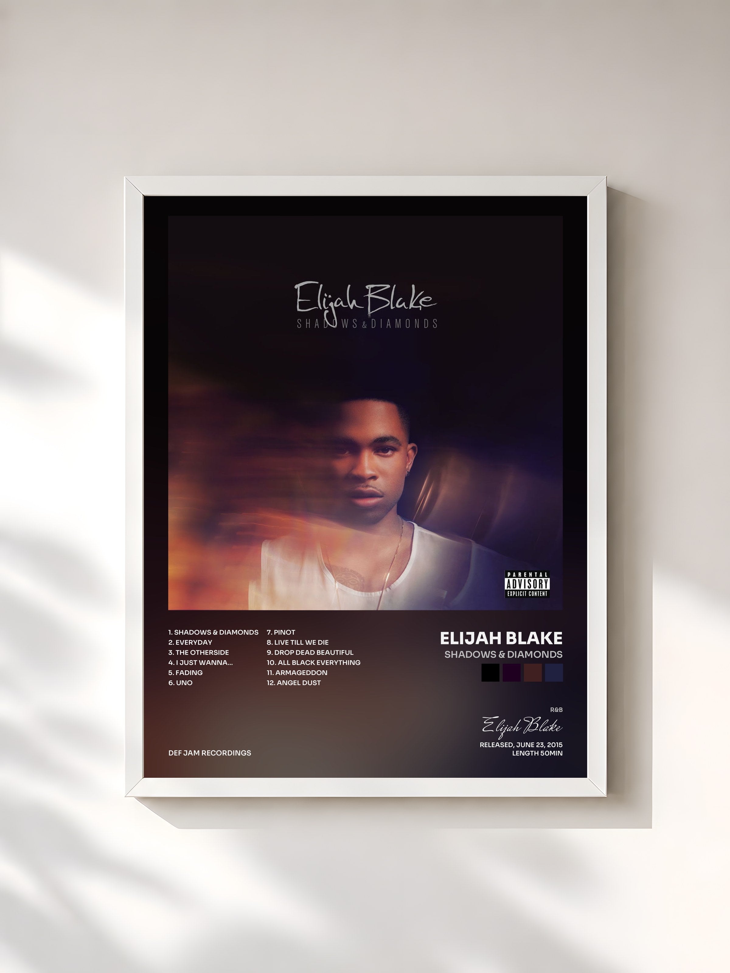 #blanc Tableau de l'album Shadows & Diamonds de Elijah Blake, cadre blanc, imprimé et encadré en France