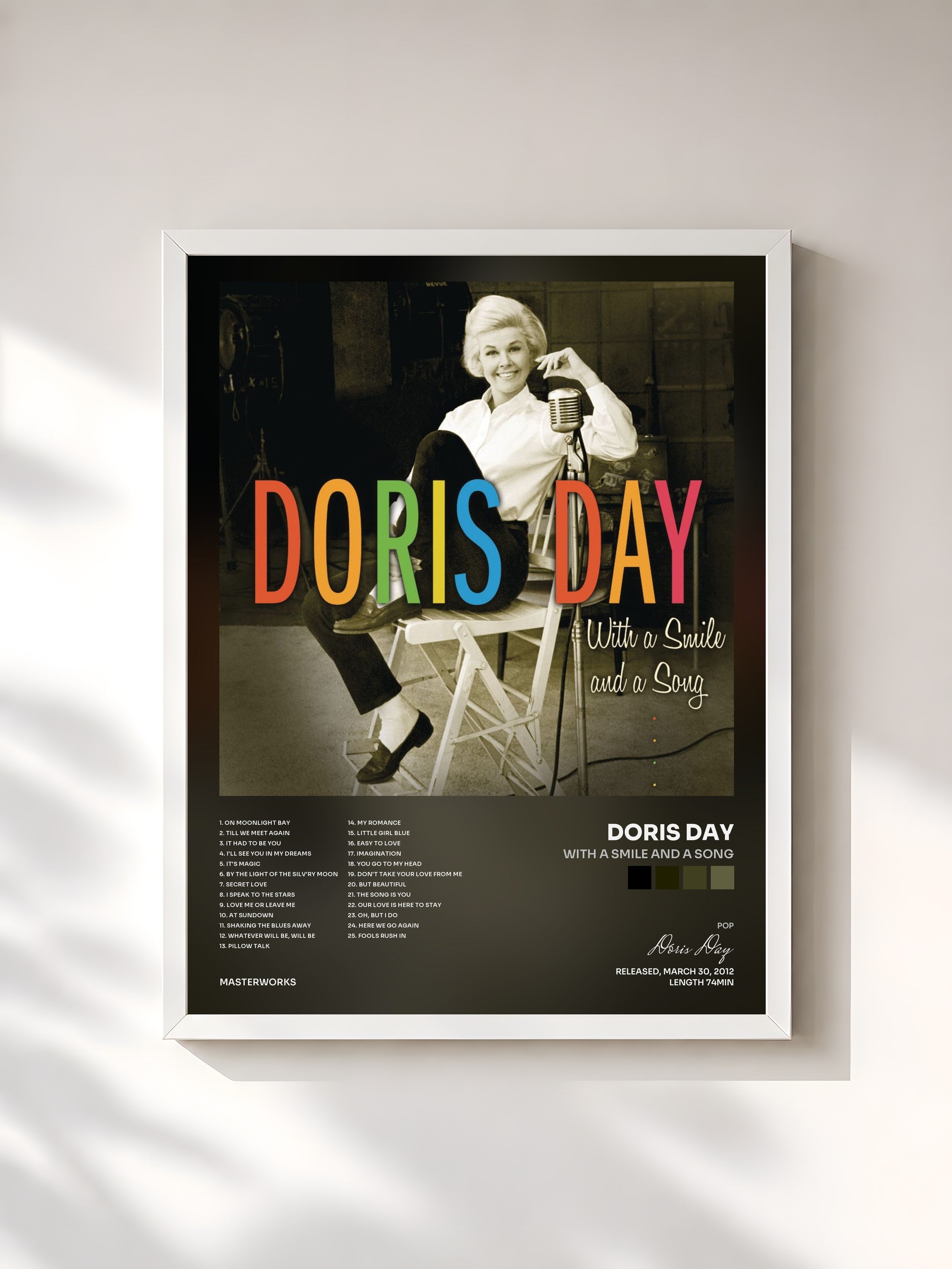 #blanc Tableau de l'album With A Smile And A Song de Doris Day, cadre blanc, imprimé et encadré en France