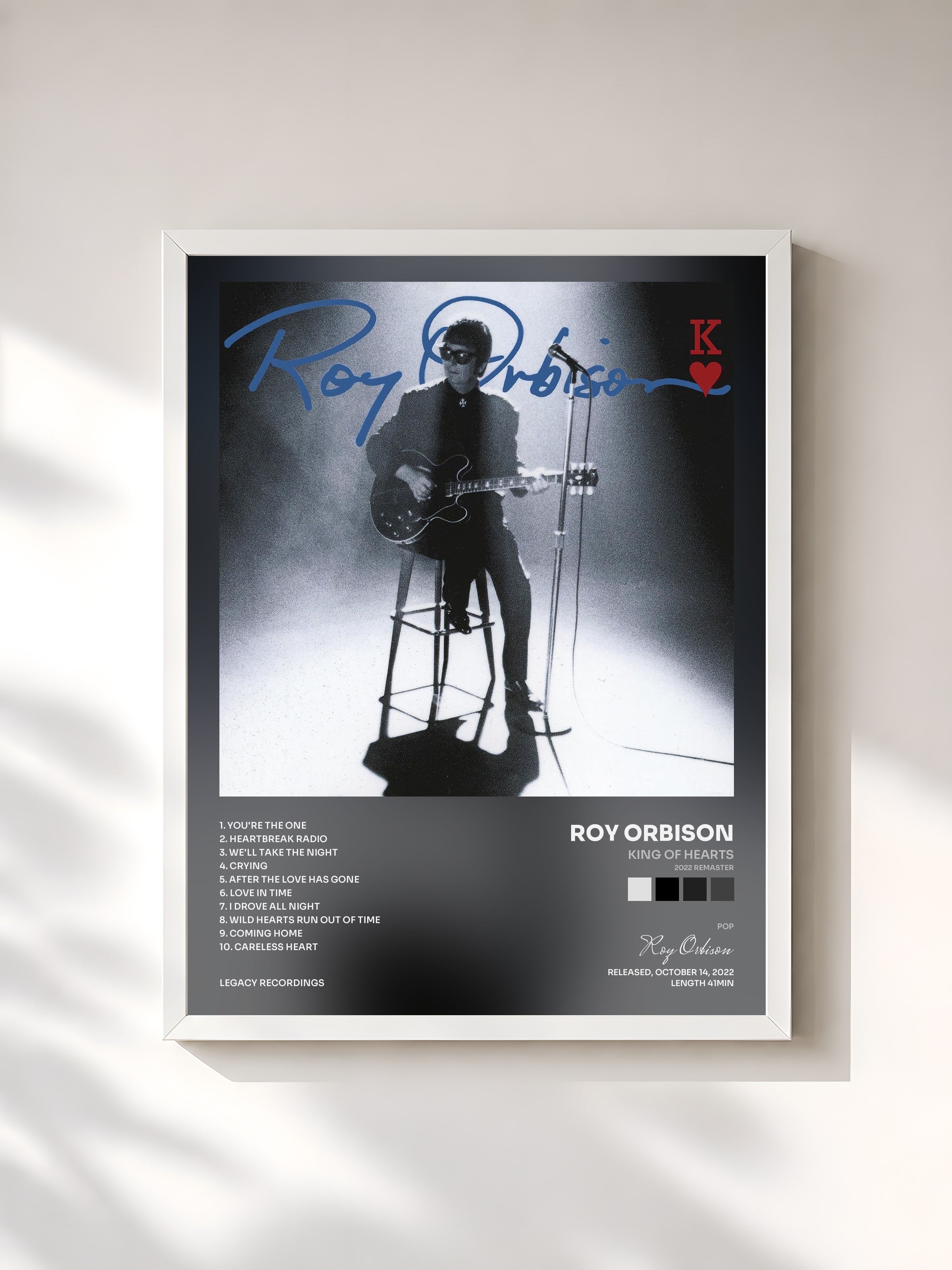 #blanc Tableau de l'album King Of Hearts (2022 Remaster) de Roy Orbison, cadre blanc, imprimé et encadré en France