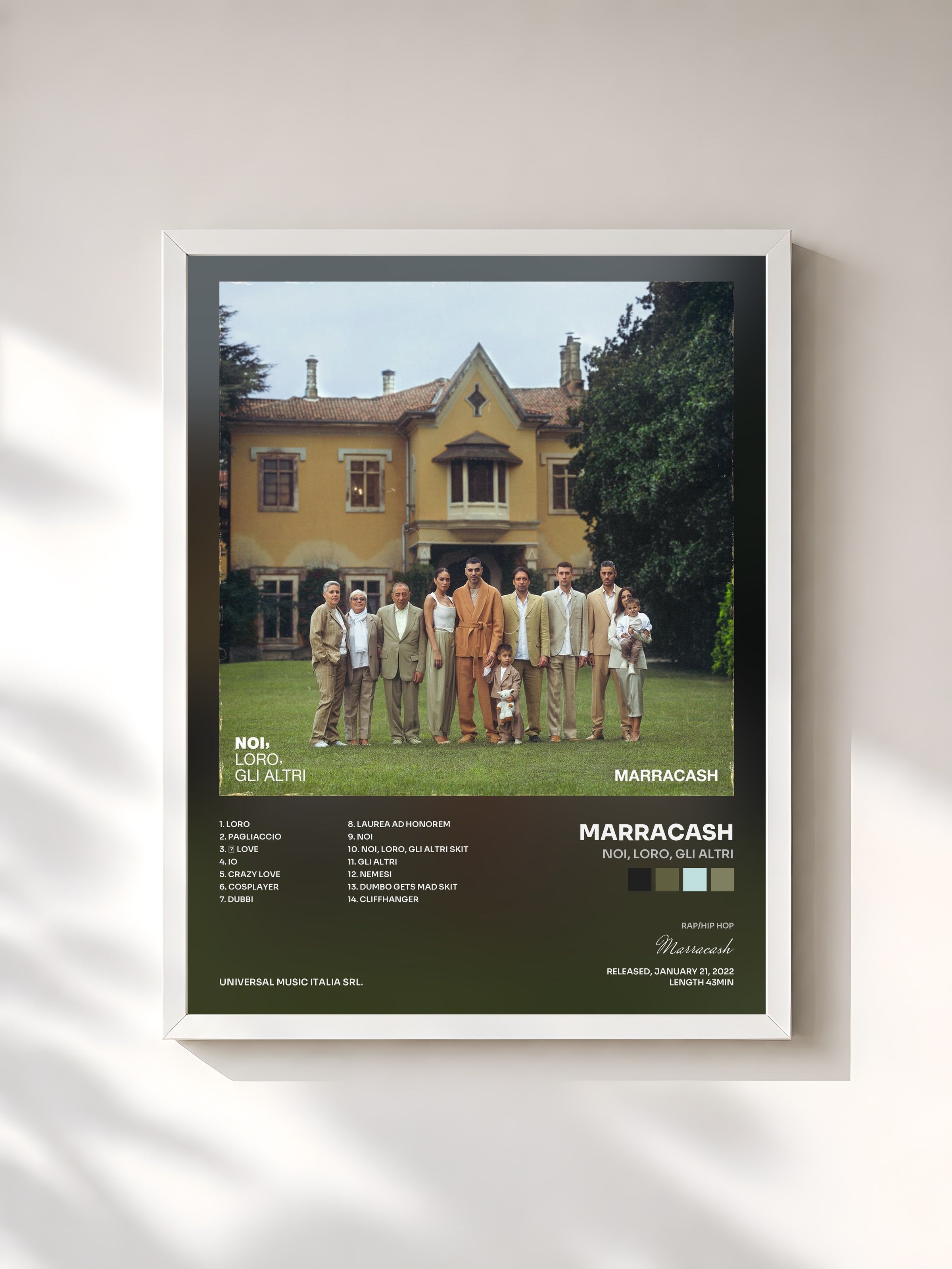 #blanc Tableau de l'album NOI, LORO, GLI ALTRI de Marracash, cadre blanc, imprimé et encadré en France