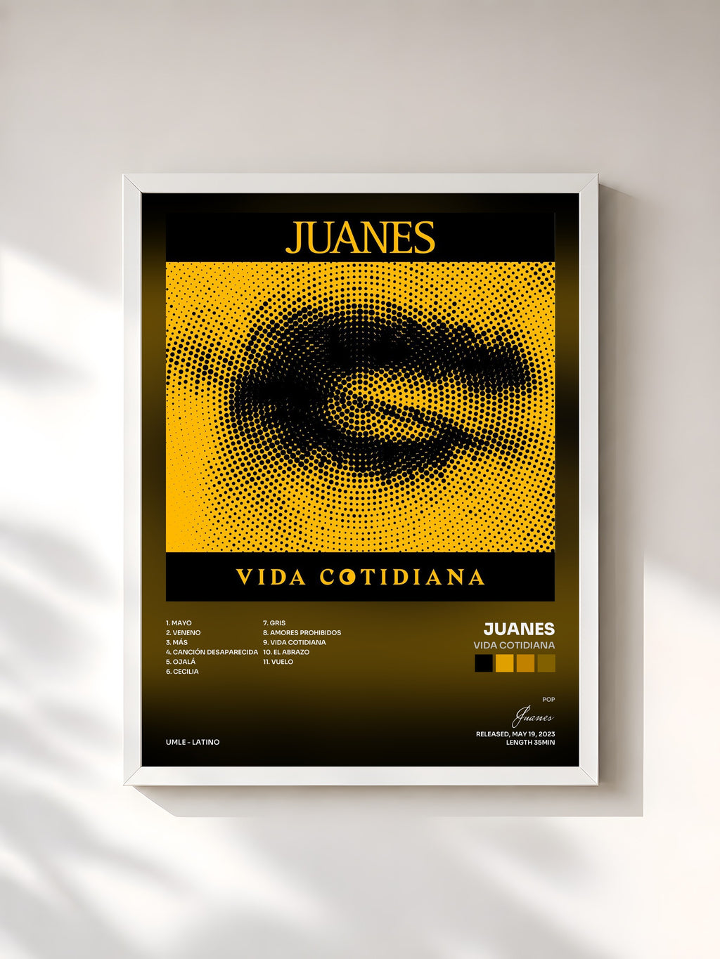 #blanc Tableau de l'album Vida Cotidiana de Juanes, cadre blanc, imprimé et encadré en France