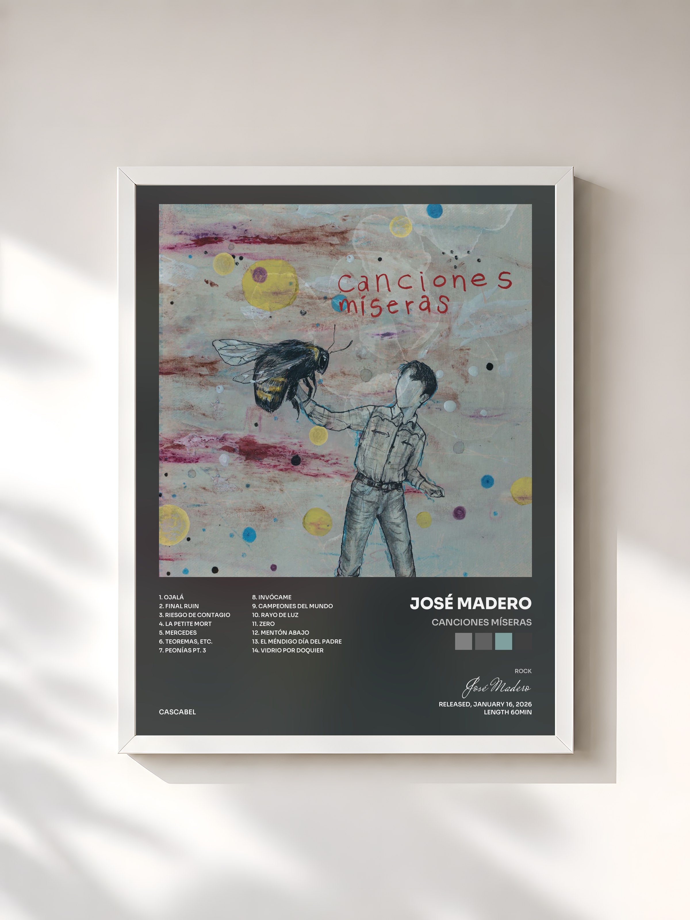 #blanc Tableau de l'album Canciones Míseras de José Madero, cadre blanc, imprimé et encadré en France