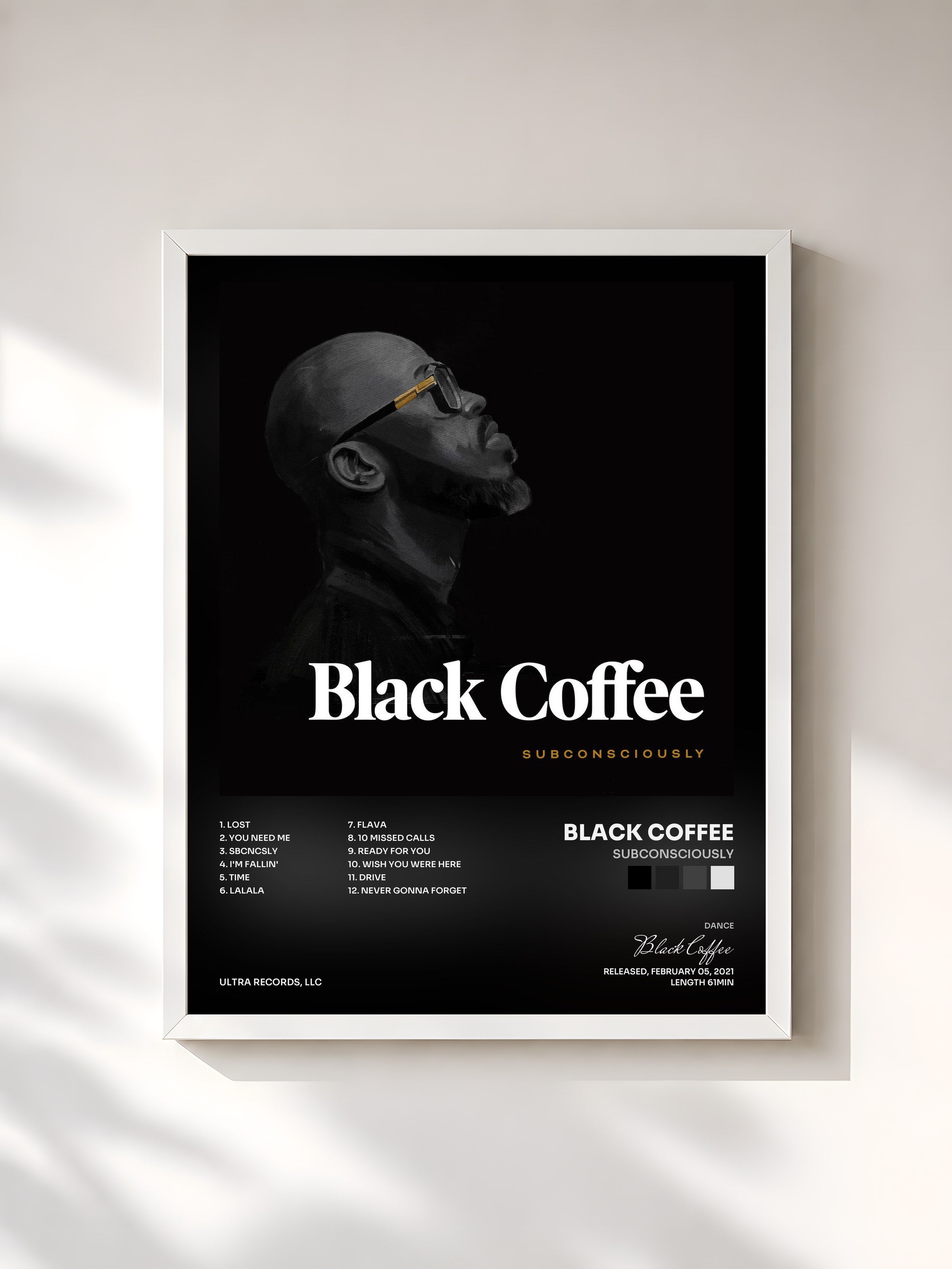 #blanc Tableau de l'album Subconsciously de Black Coffee, cadre blanc, imprimé et encadré en France
