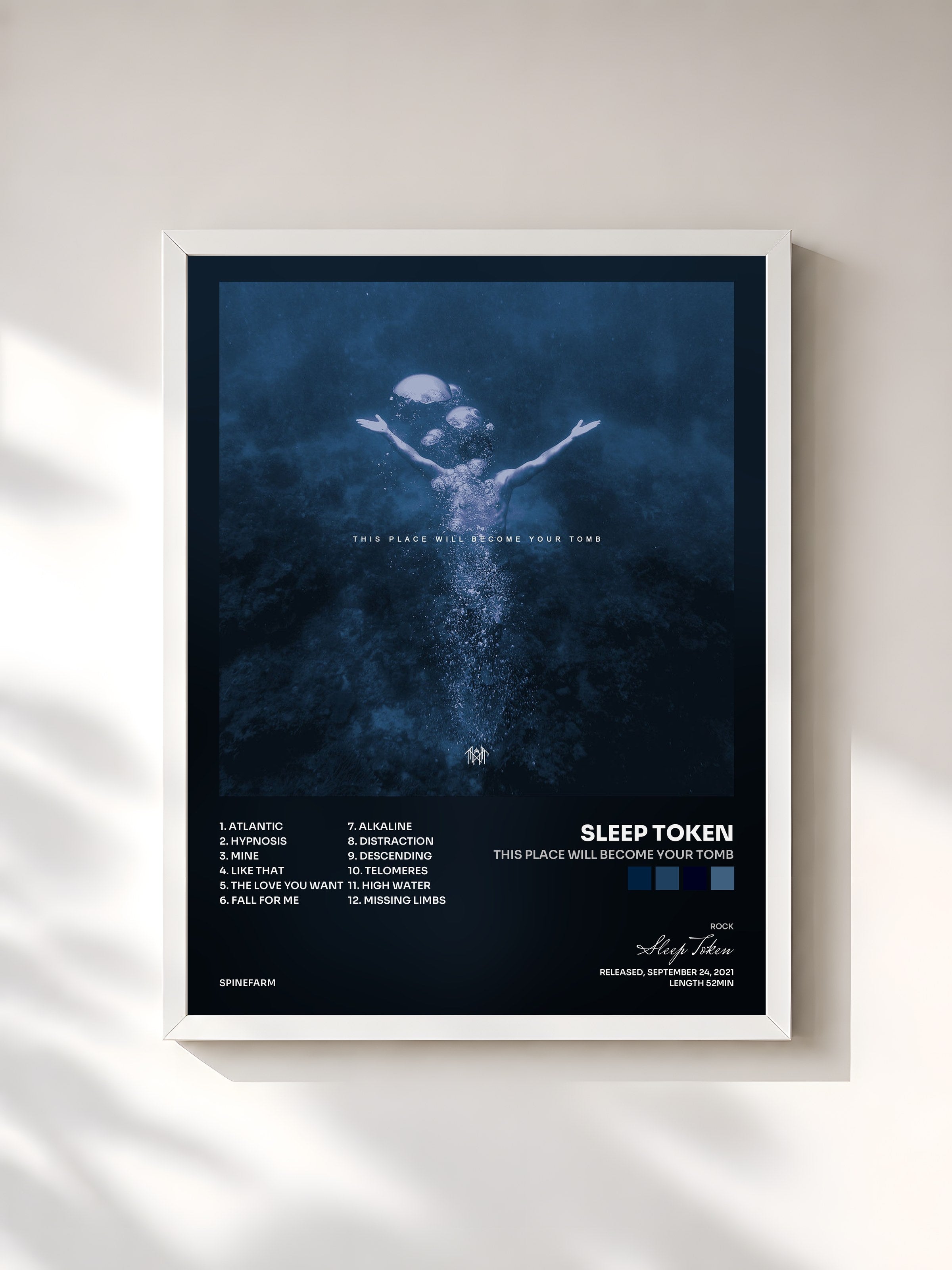 #blanc Tableau de l'album This Place Will Become Your Tomb de Sleep Token, cadre blanc, imprimé et encadré en France
