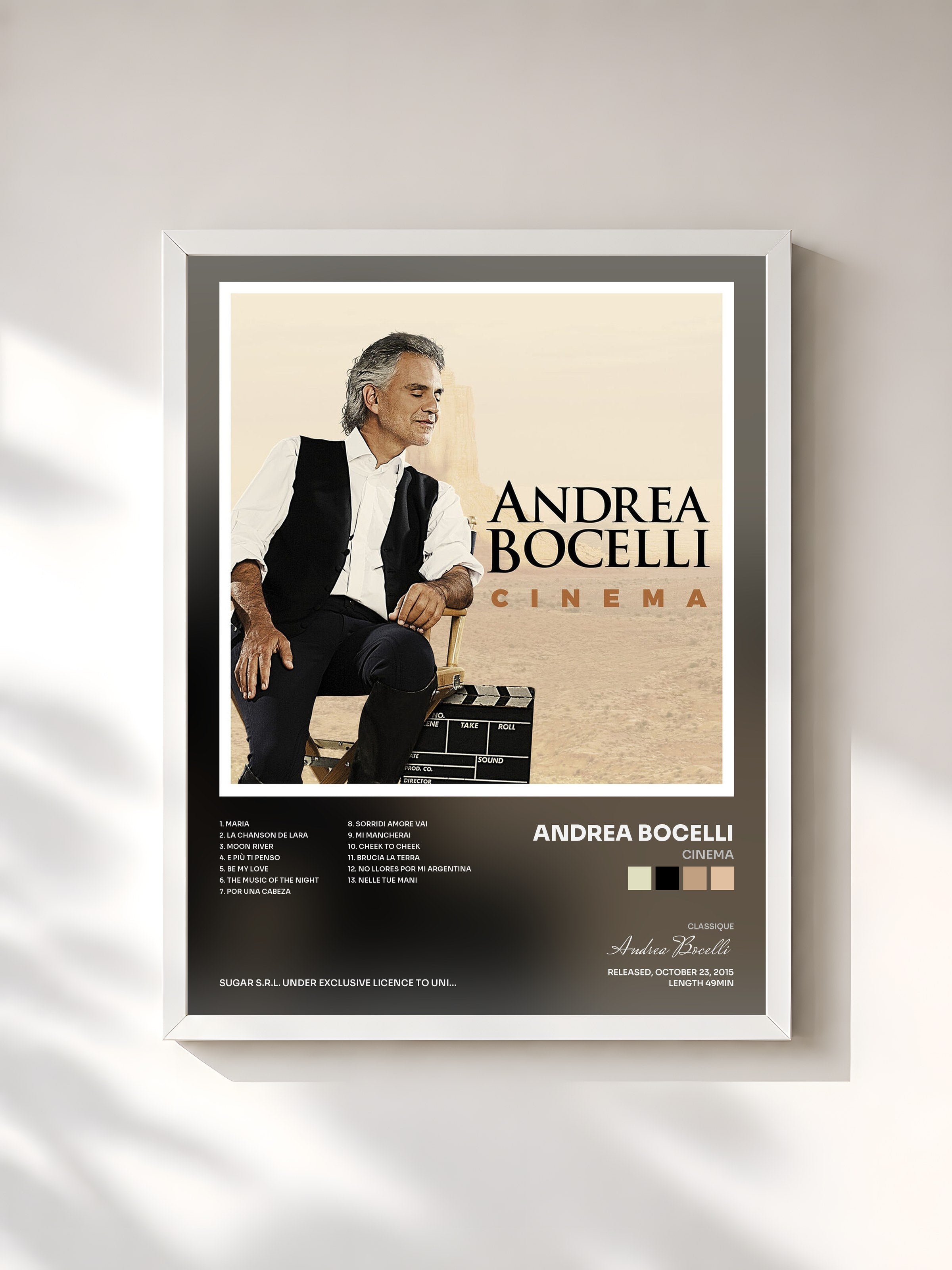 #blanc Tableau de l'album Cinema de Andrea Bocelli, cadre blanc, imprimé et encadré en France