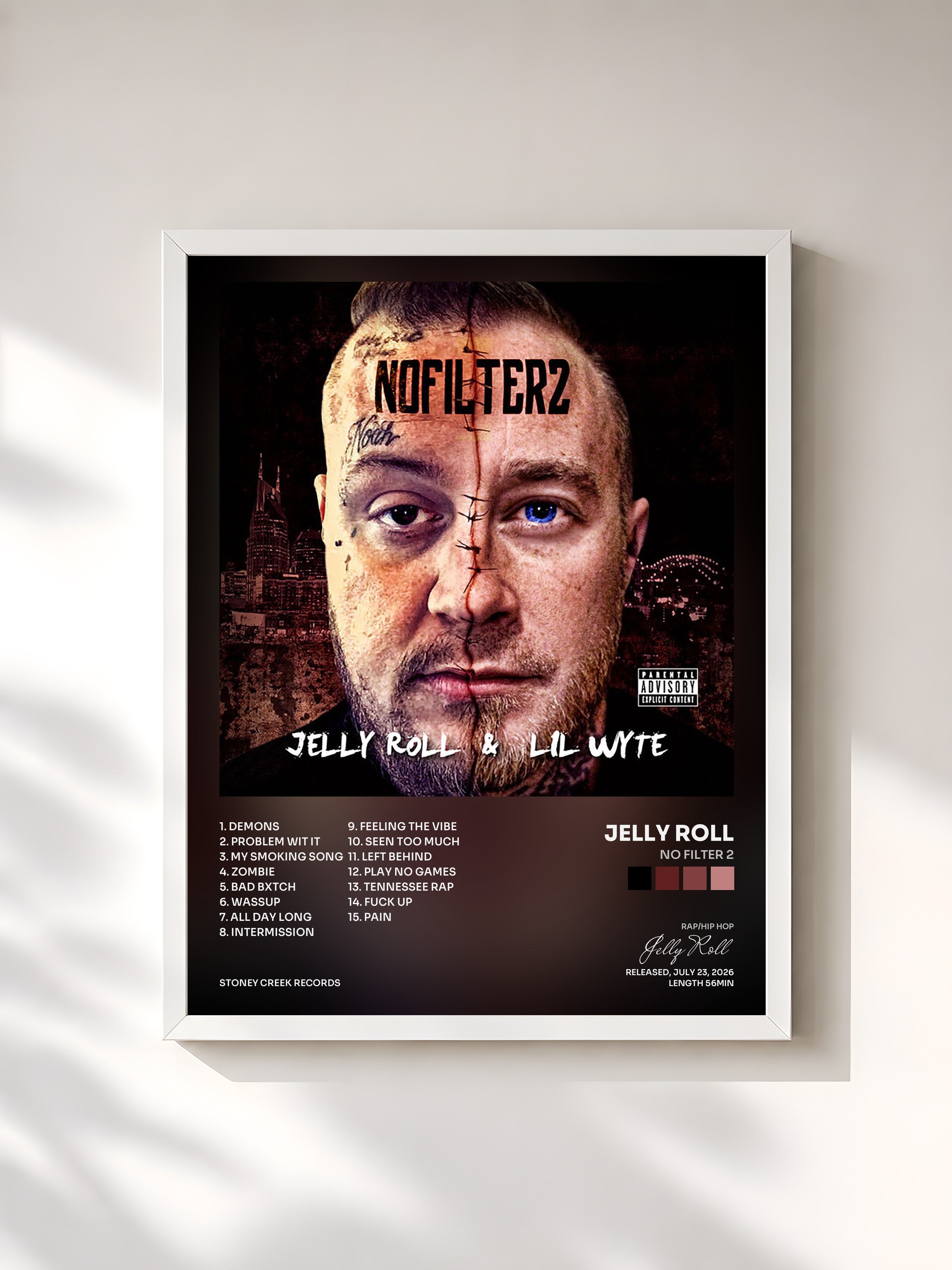 #blanc Tableau de l'album No Filter 2 de Jelly Roll, cadre blanc, imprimé et encadré en France