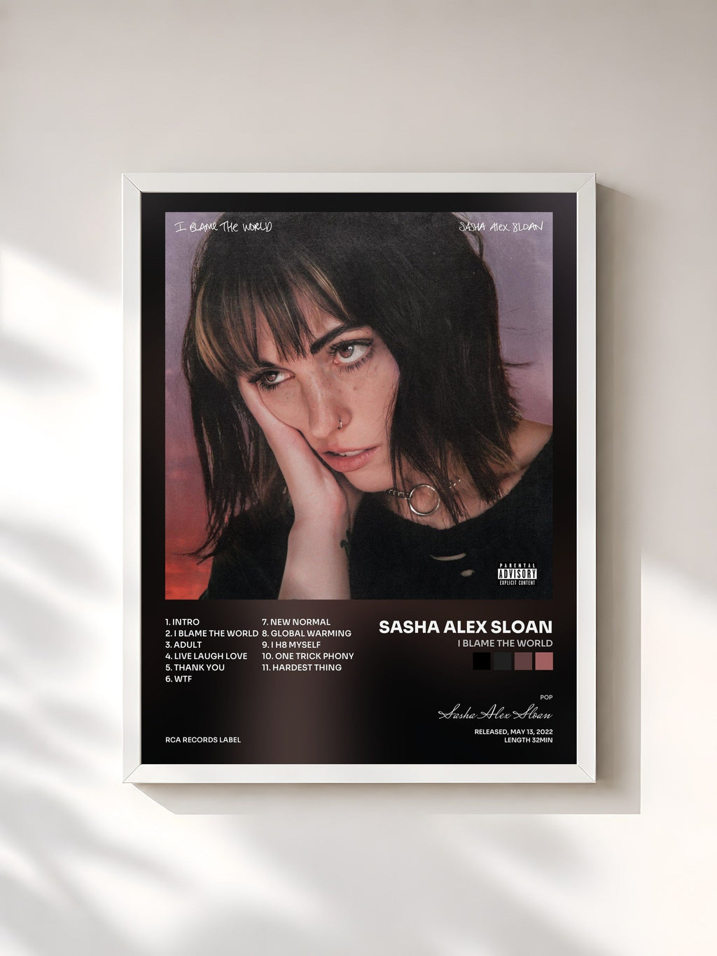 #blanc Tableau de l'album I Blame The World de Sasha Alex Sloan, cadre blanc, imprimé et encadré en France