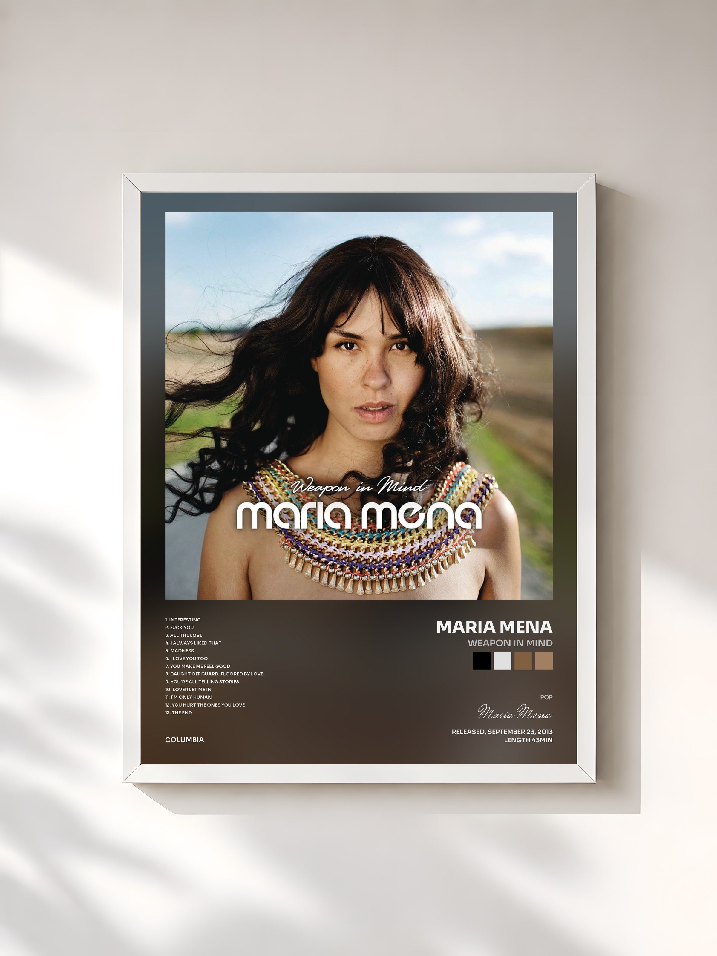 #blanc Tableau de l'album Weapon in Mind de Maria Mena, cadre blanc, imprimé et encadré en France