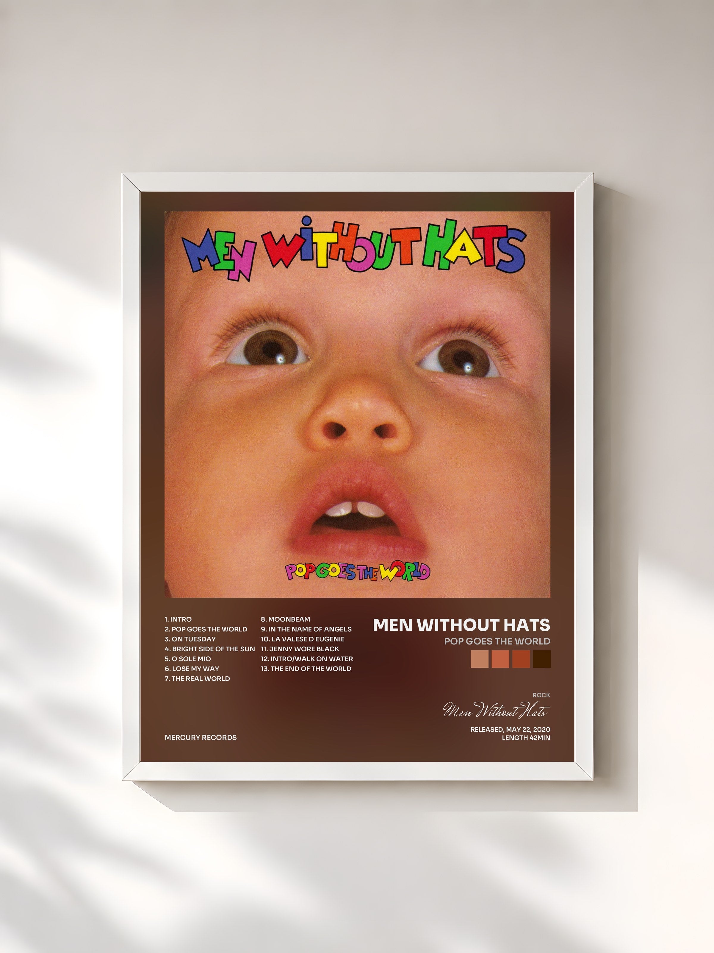#blanc Tableau de l'album Pop Goes The World de Men Without Hats, cadre blanc, imprimé et encadré en France