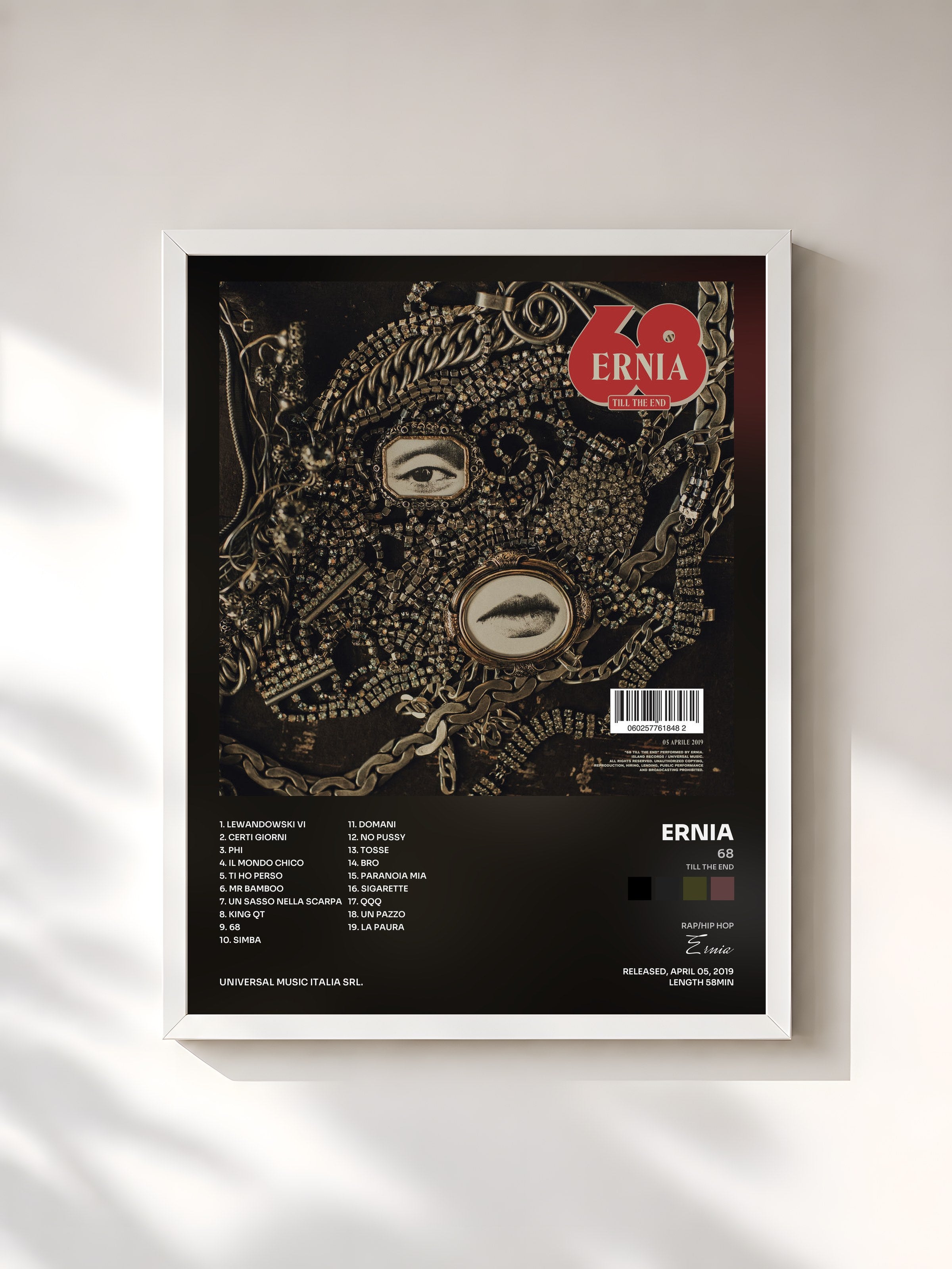 #blanc Tableau de l'album 68 (Till The End) de Ernia, cadre blanc, imprimé et encadré en France