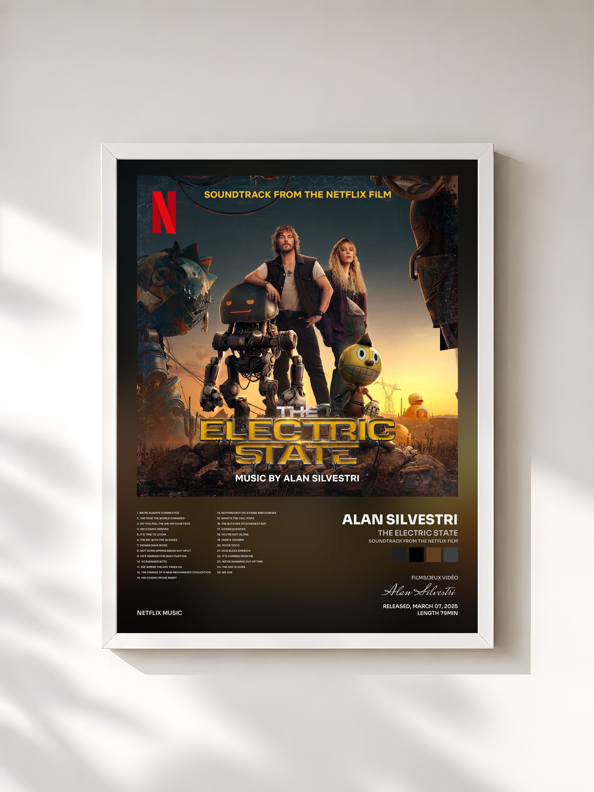 #blanc Tableau de l'album The Electric State (Soundtrack from the Netflix Film) de Alan Silvestri, cadre blanc, imprimé et encadré en France