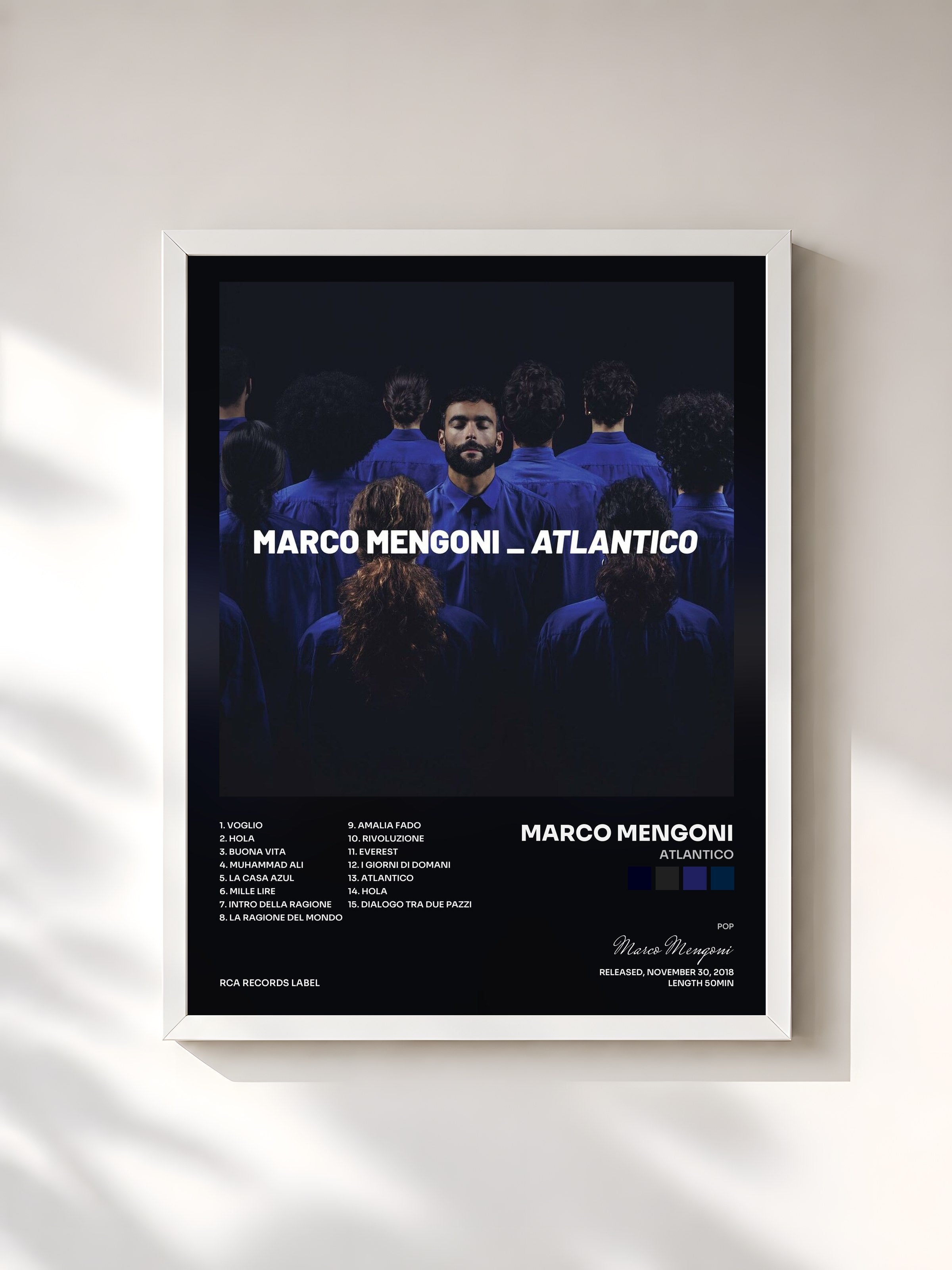 #blanc Tableau de l'album Atlantico de Marco Mengoni, cadre blanc, imprimé et encadré en France