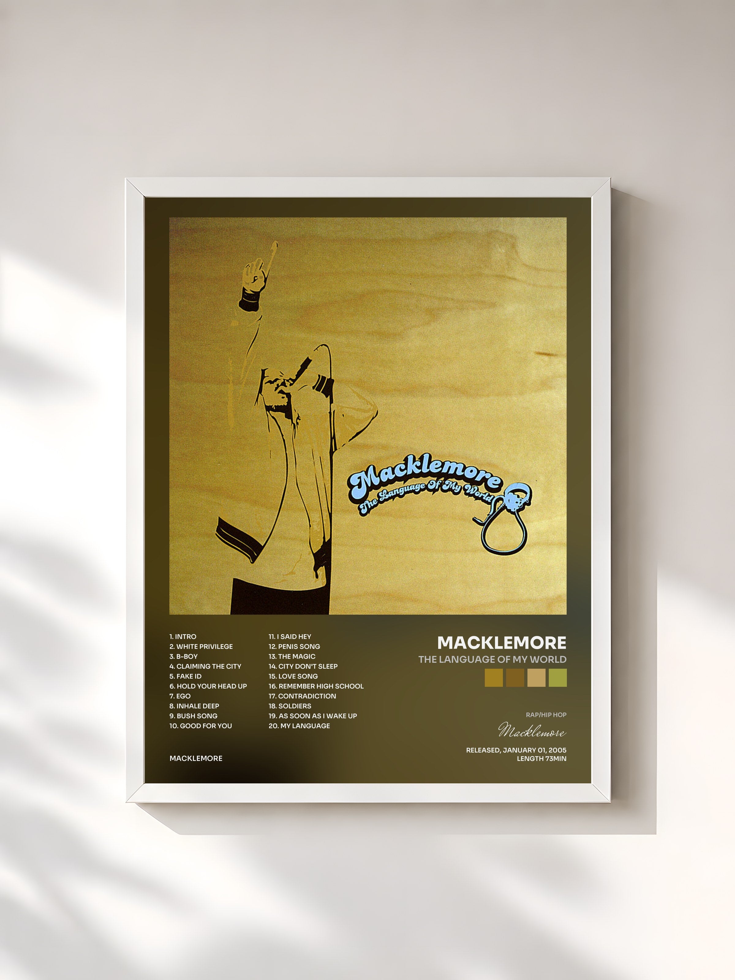 #blanc Tableau de l'album The Language of My World de Macklemore, cadre blanc, imprimé et encadré en France