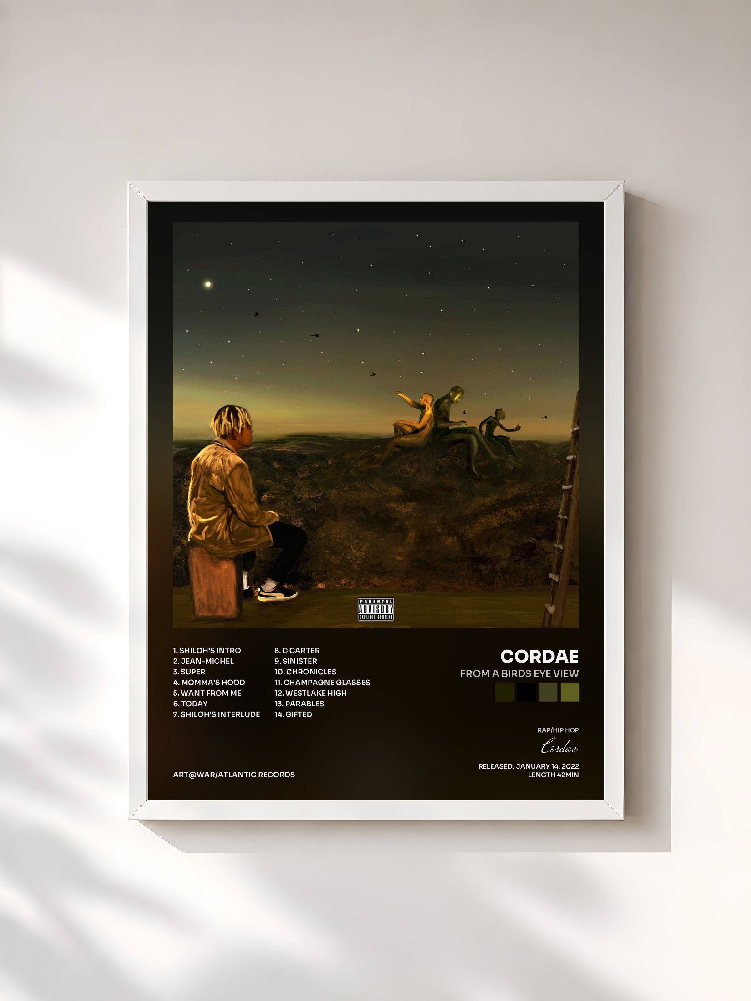 #blanc Tableau de l'album From a Birds Eye View de Cordae, cadre blanc, imprimé et encadré en France