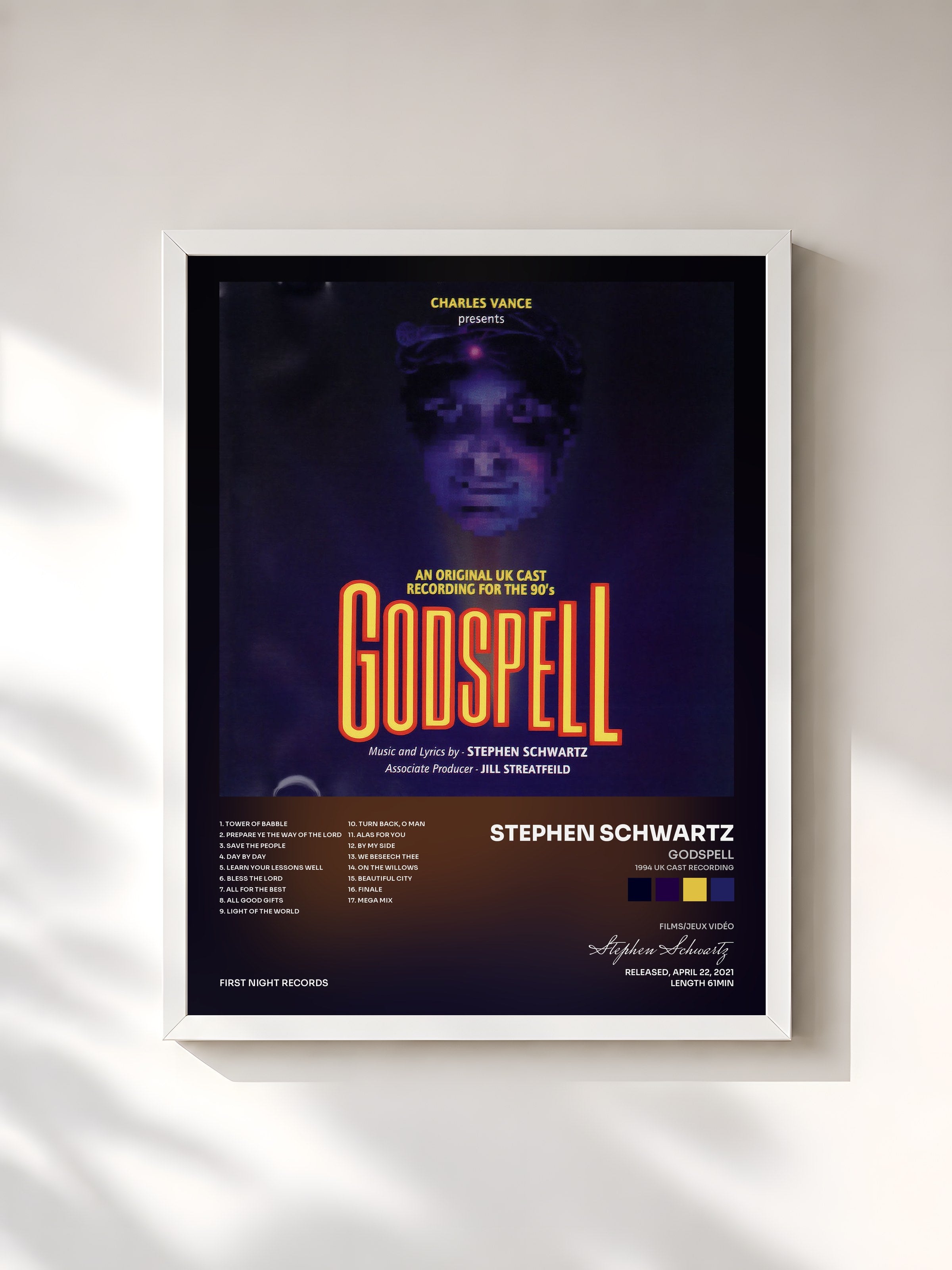 #blanc Tableau de l'album Godspell (1994 UK Cast Recording) de Stephen Schwartz, cadre blanc, imprimé et encadré en France