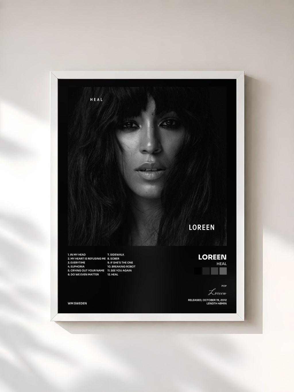 #blanc Tableau de l'album Heal de Loreen, cadre blanc, imprimé et encadré en France