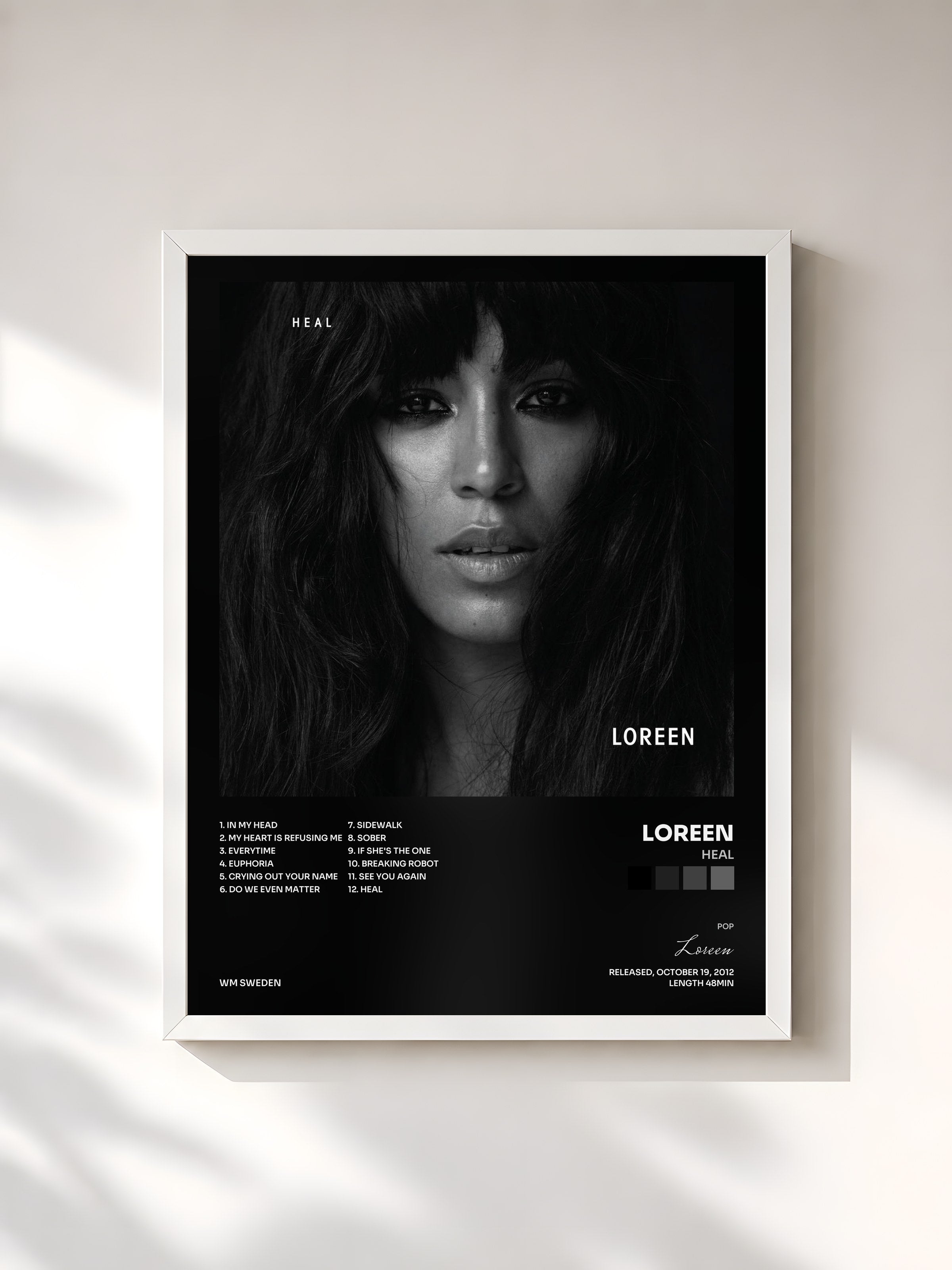 #blanc Tableau de l'album Heal de Loreen, cadre blanc, imprimé et encadré en France