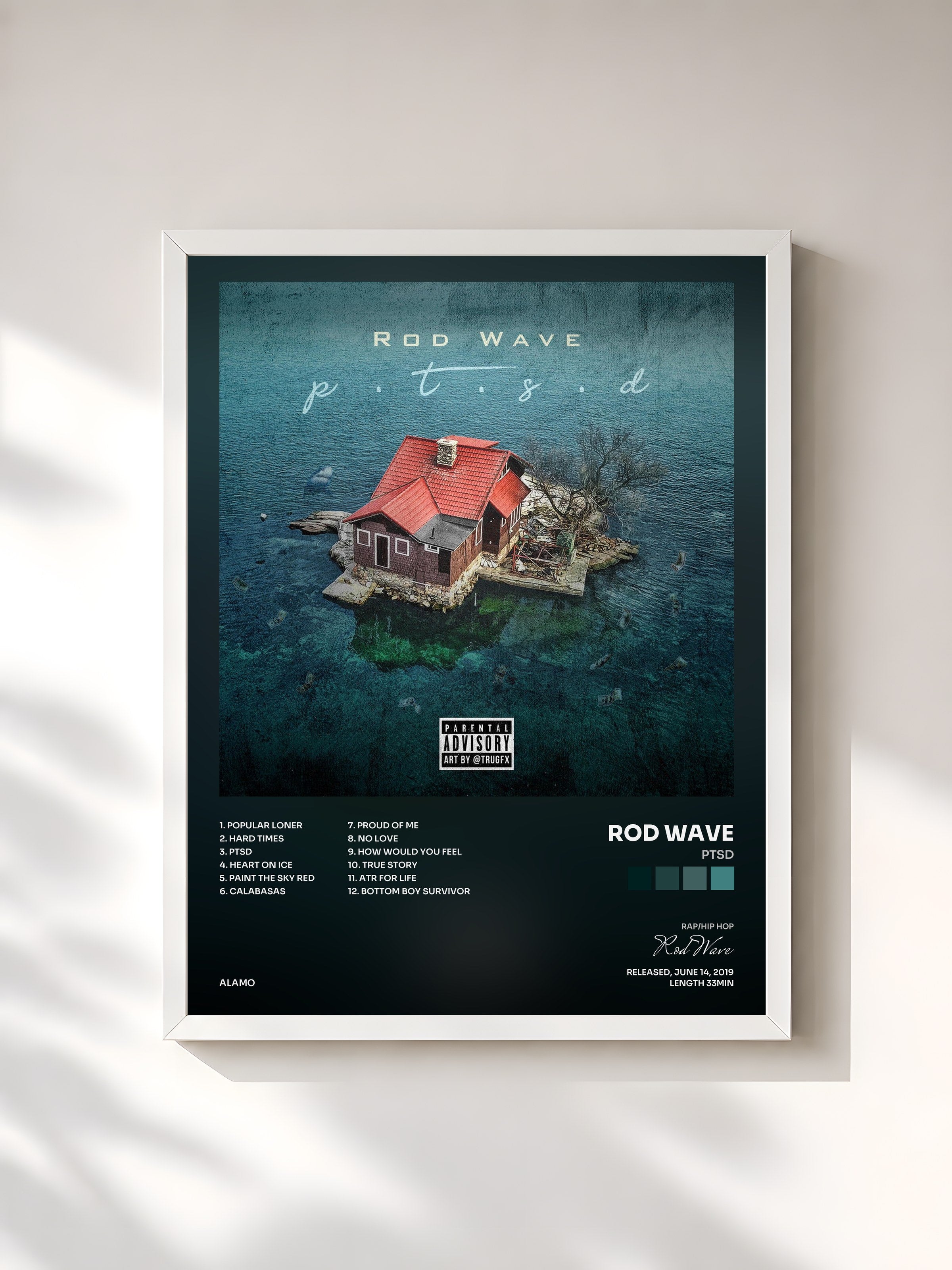#blanc Tableau de l'album PTSD de Rod Wave, cadre blanc, imprimé et encadré en France