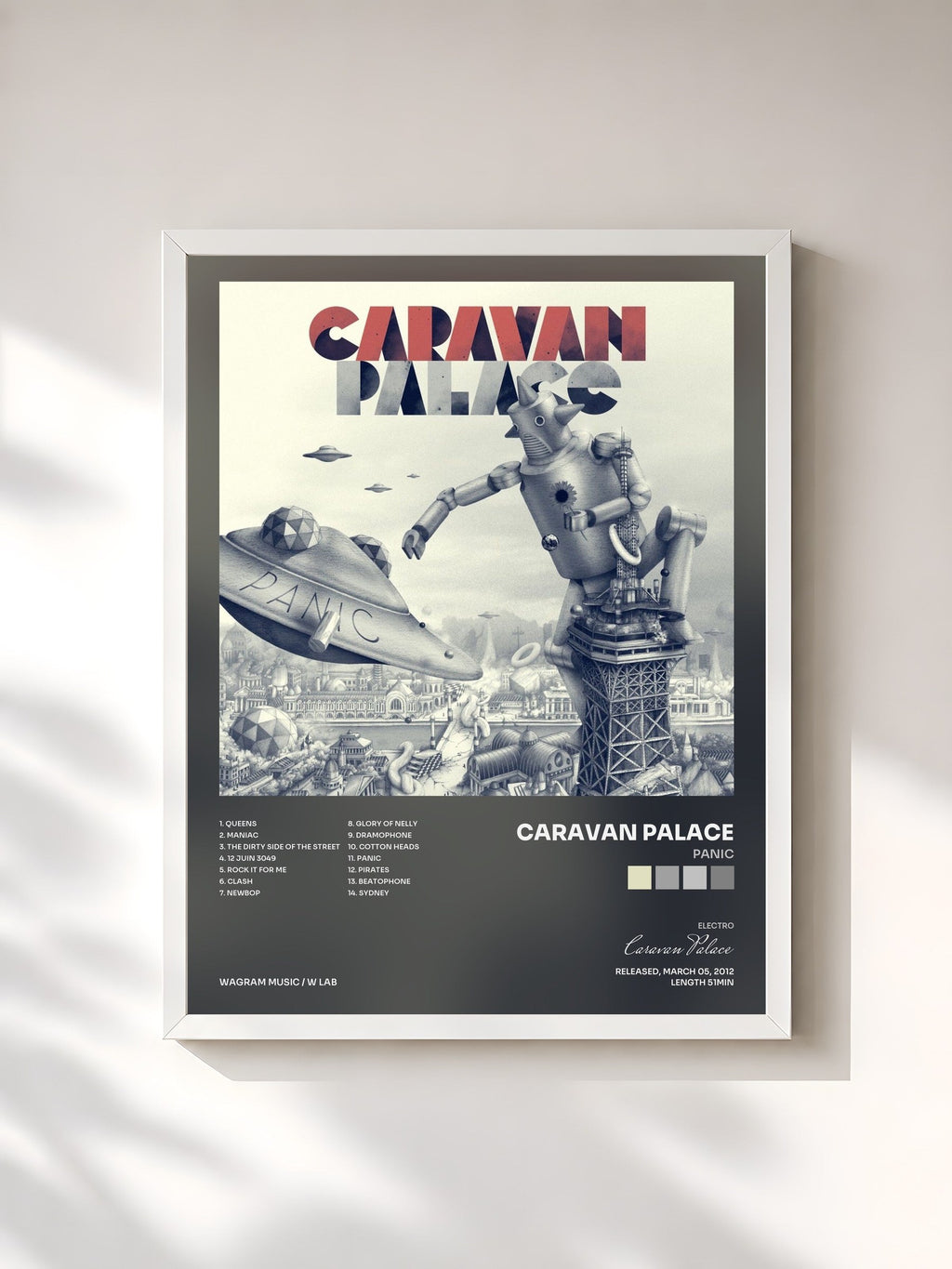 #blanc Panic von Caravan Palace als gerahmter Kunstdruck, weißer Rahmen, gedruckt und gerahmt in Frankreich