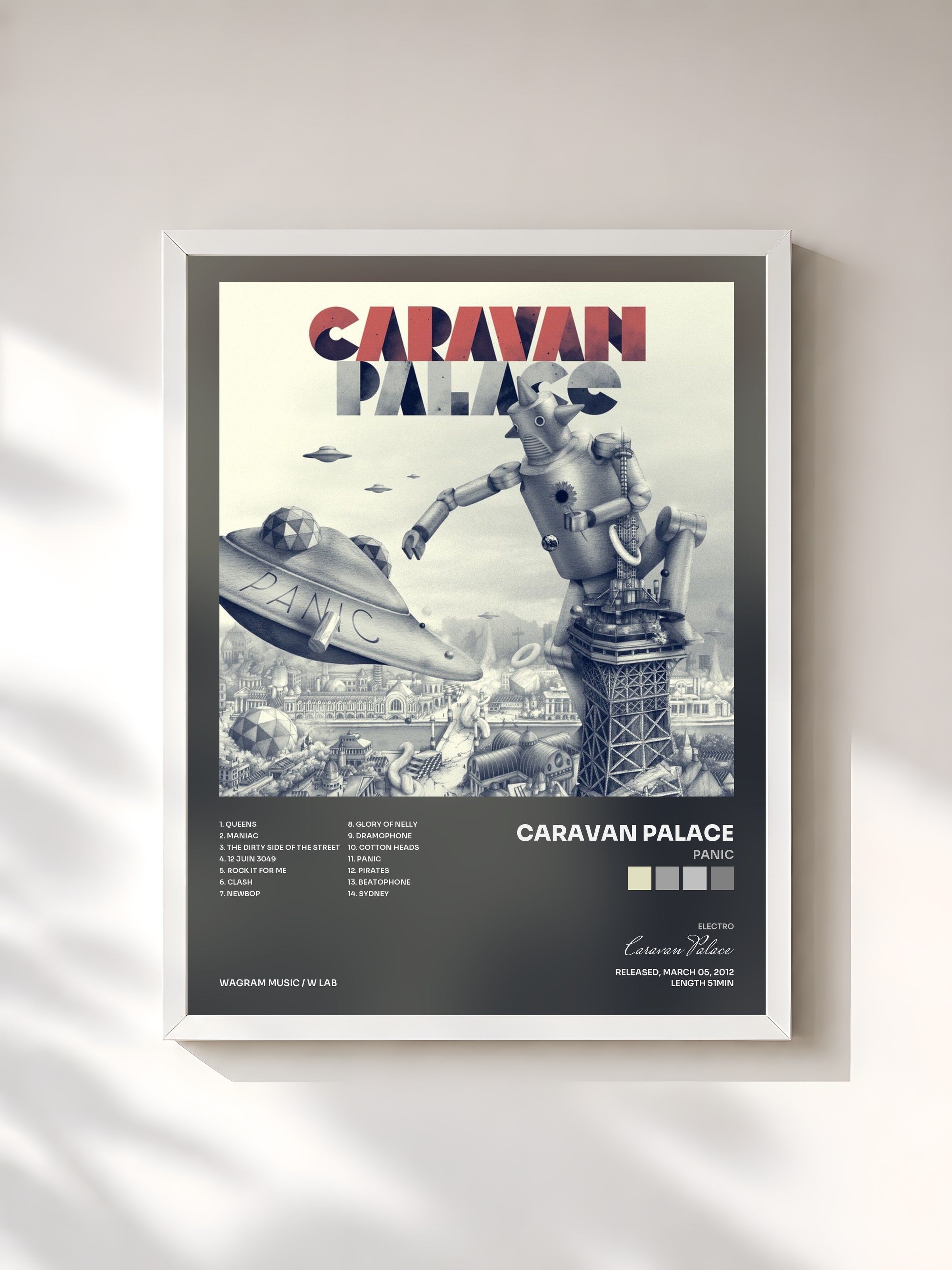 #blanc Tableau de l'album Panic de Caravan Palace, cadre blanc, imprimé et encadré en France