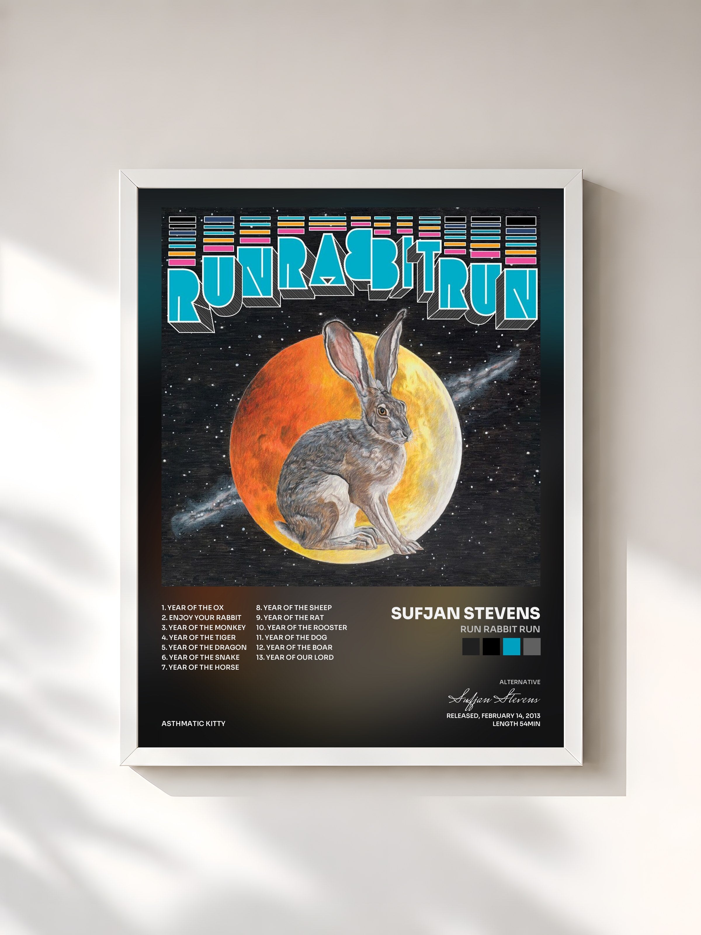 #blanc Tableau de l'album Run Rabbit Run de Sufjan Stevens, cadre blanc, imprimé et encadré en France
