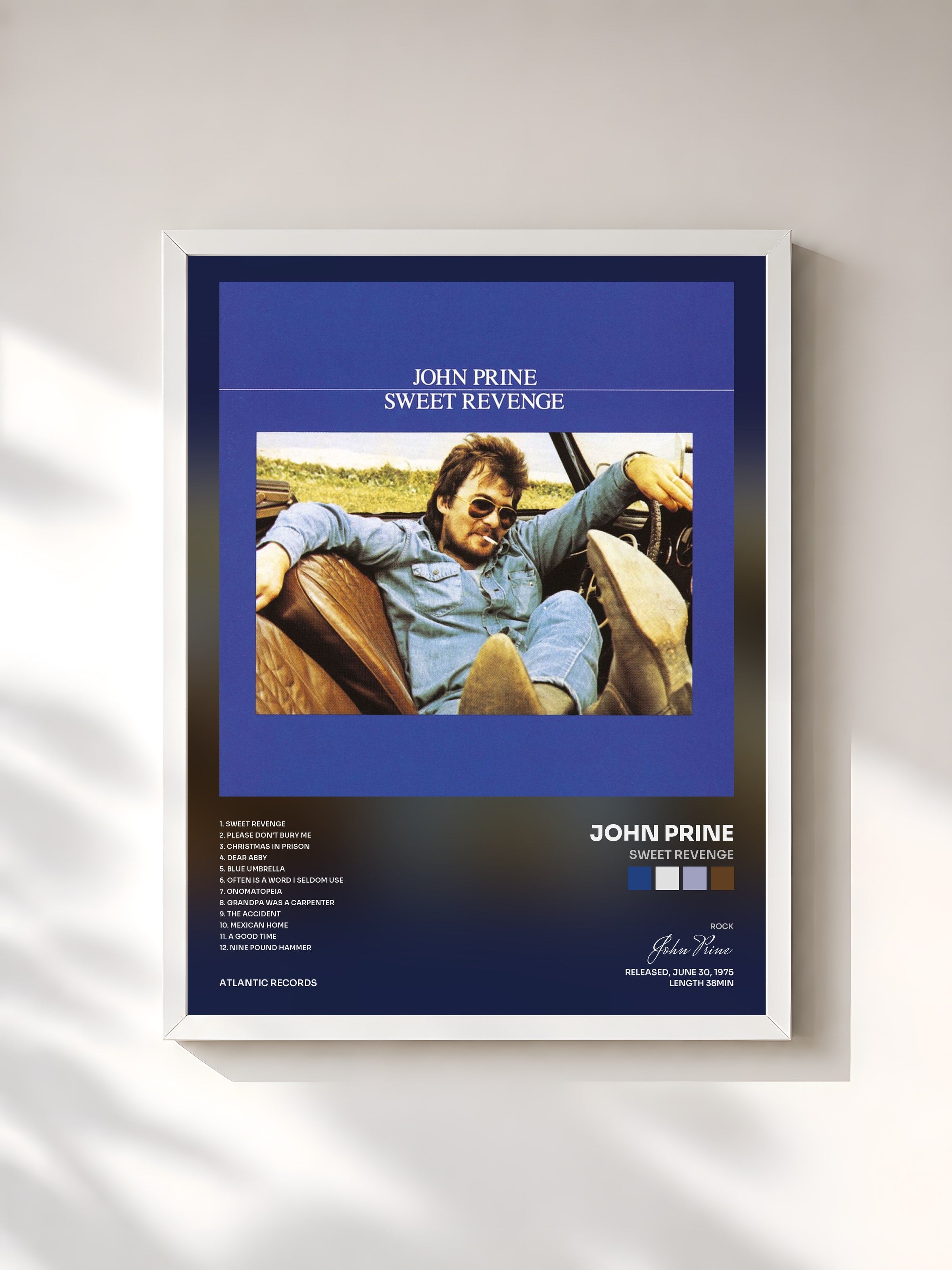#blanc Tableau de l'album Sweet Revenge de John Prine, cadre blanc, imprimé et encadré en France