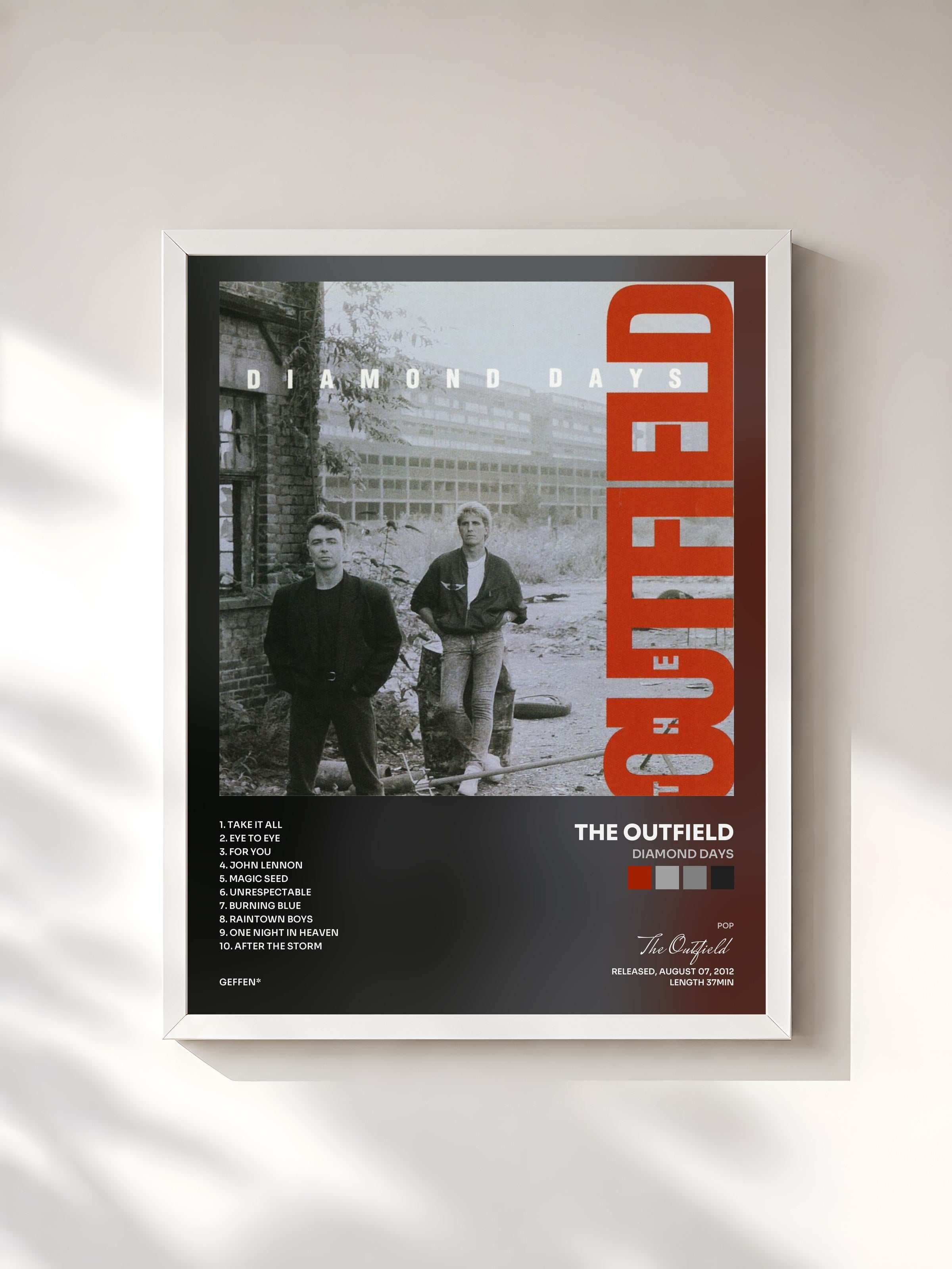 #blanc Tableau de l'album Diamond Days de The Outfield, cadre blanc, imprimé et encadré en France