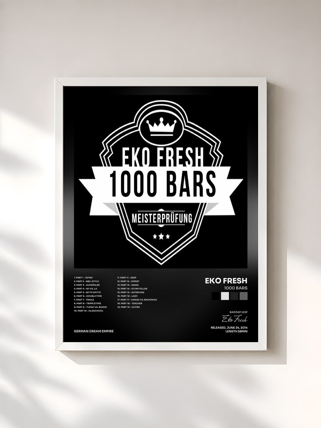 #blanc Tableau de l'album 1000 Bars de Eko Fresh, cadre blanc, imprimé et encadré en France