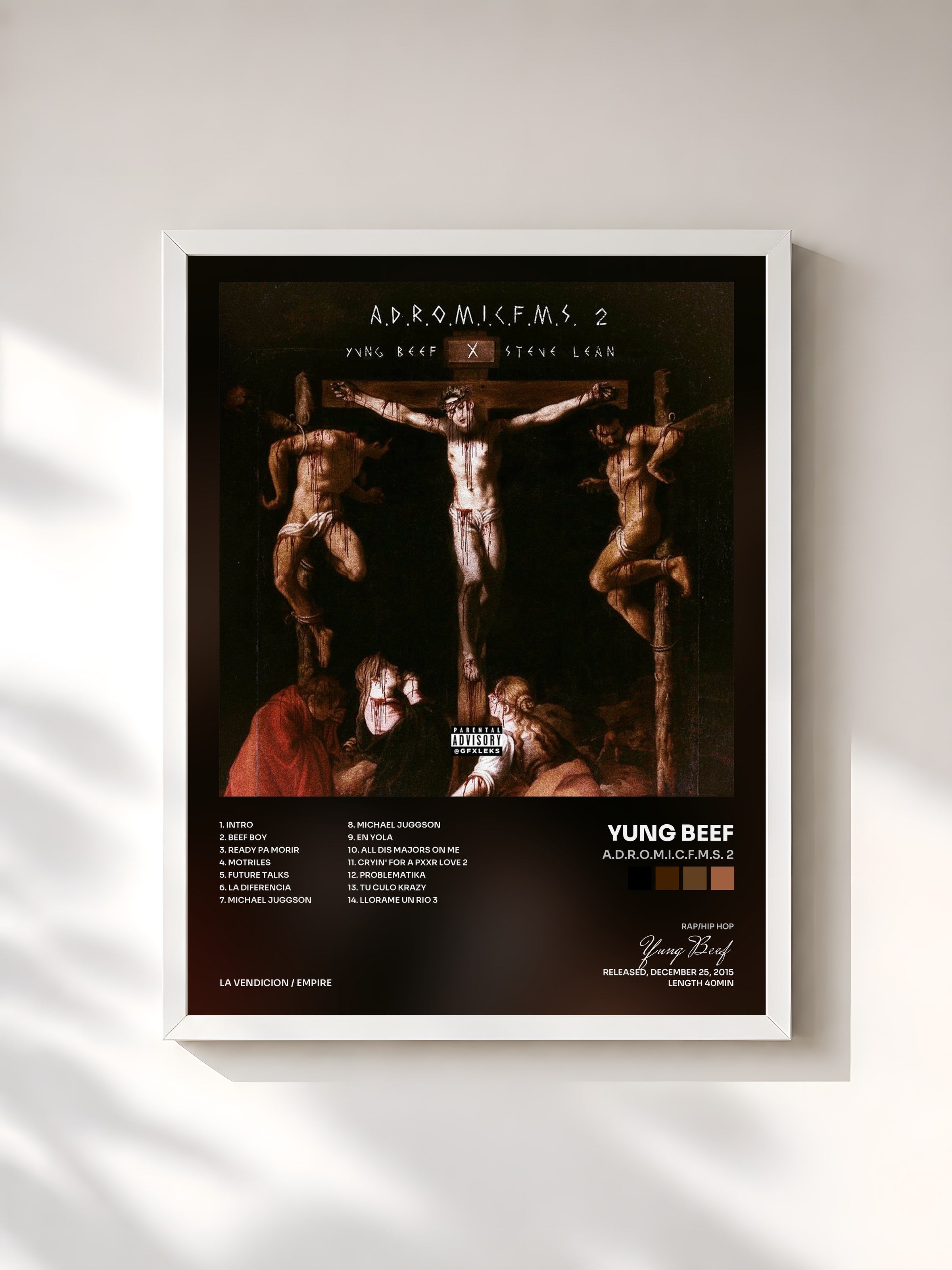 #blanc Tableau de l'album A.D.R.O.M.I.C.F.M.S. 2 de Yung Beef, cadre blanc, imprimé et encadré en France