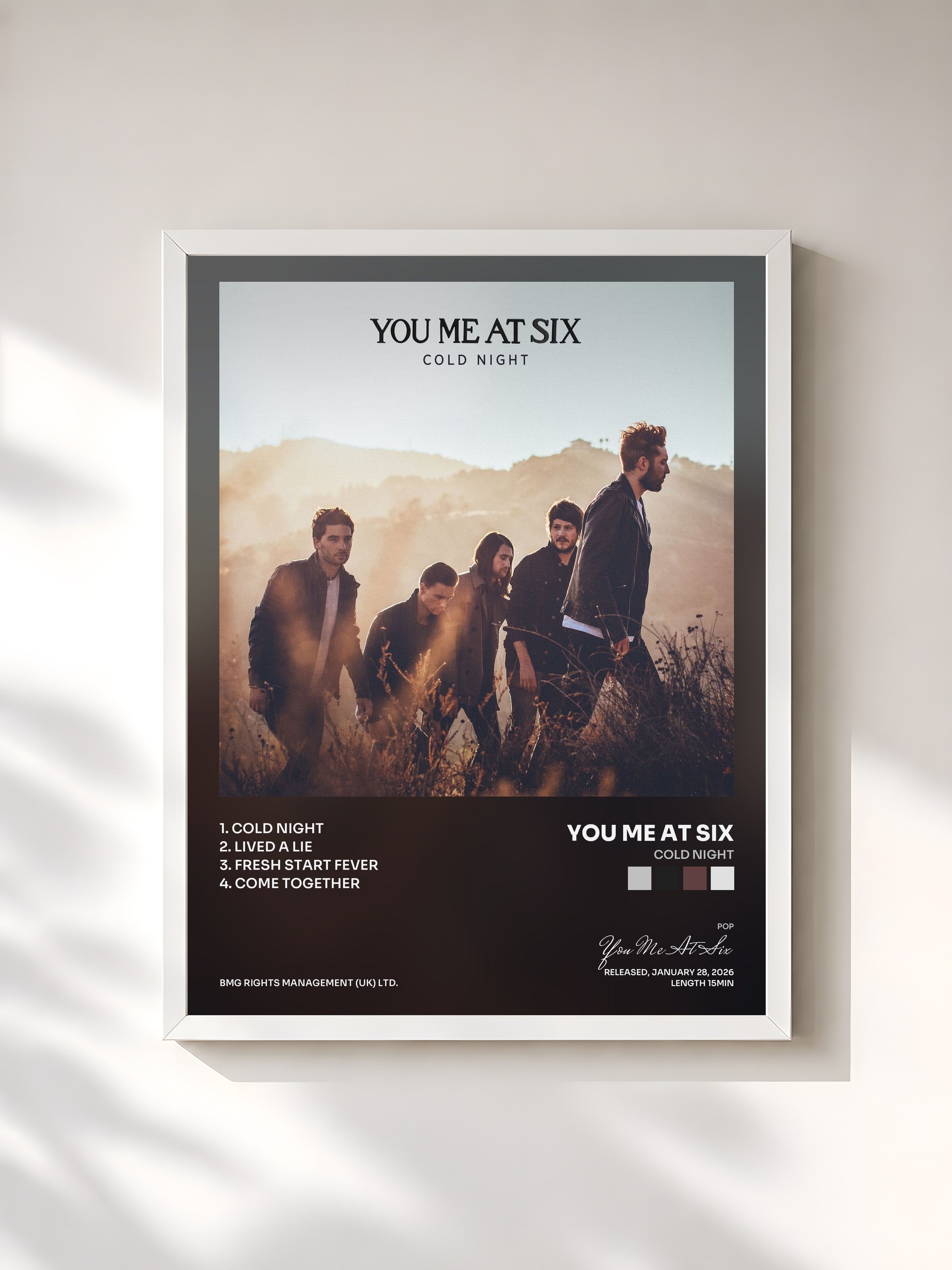 #blanc Tableau de l'album Cold Night de You Me At Six, cadre blanc, imprimé et encadré en France