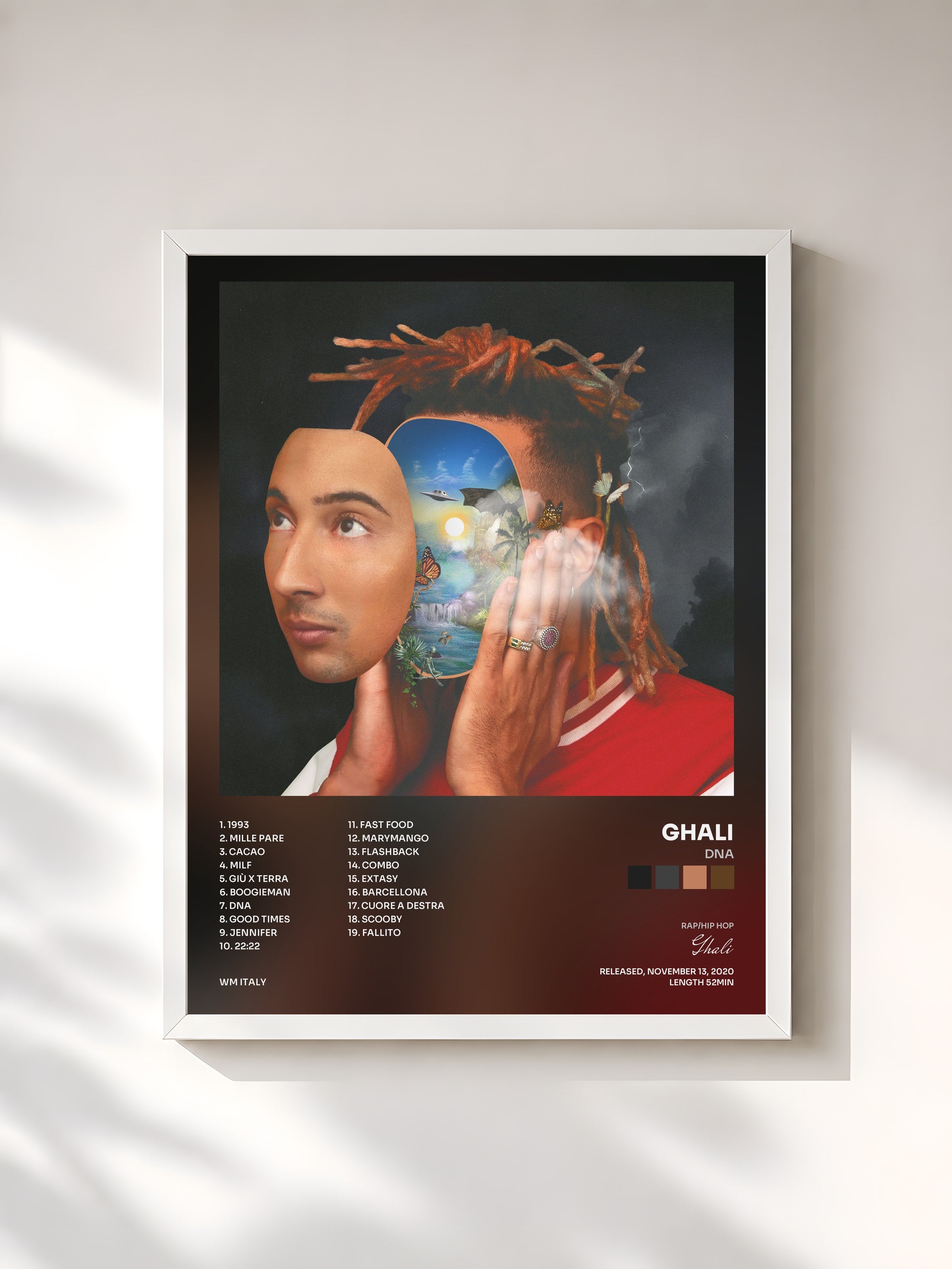 #blanc Tableau de l'album DNA de Ghali, cadre blanc, imprimé et encadré en France