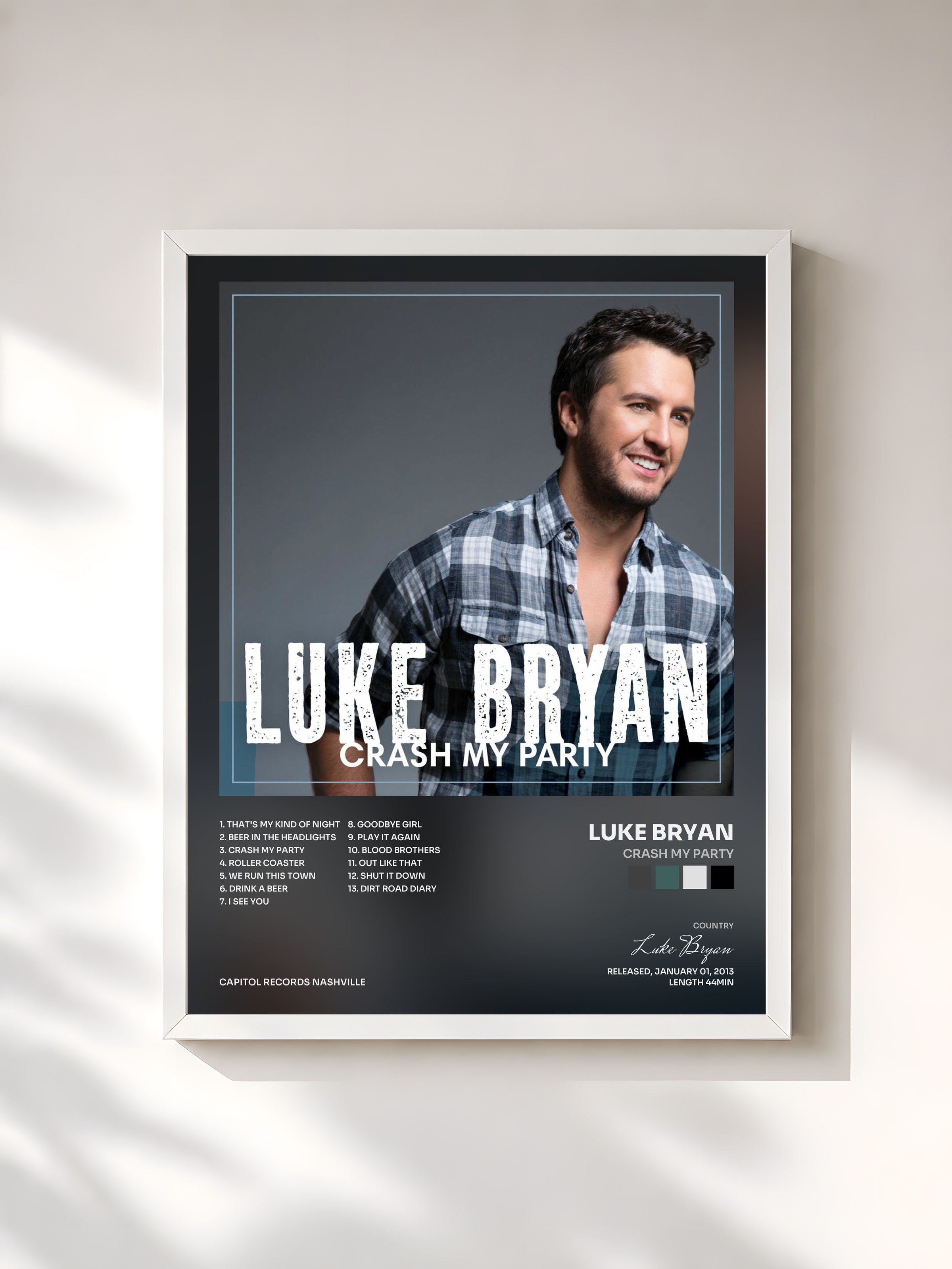 #blanc Tableau de l'album Crash My Party de Luke Bryan, cadre blanc, imprimé et encadré en France