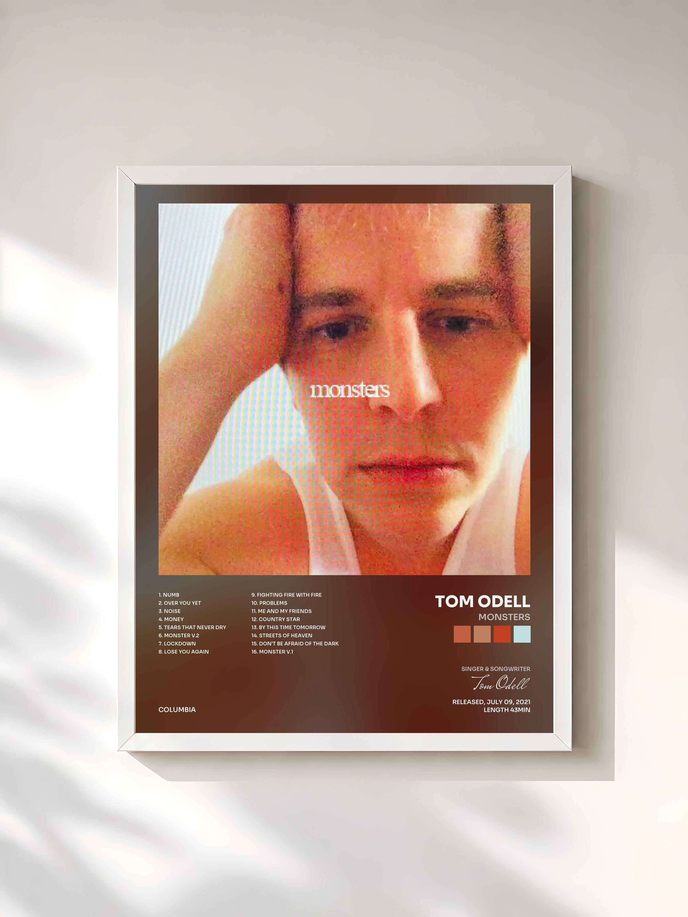 #blanc Tableau de l'album monsters de Tom Odell, cadre blanc, imprimé et encadré en France