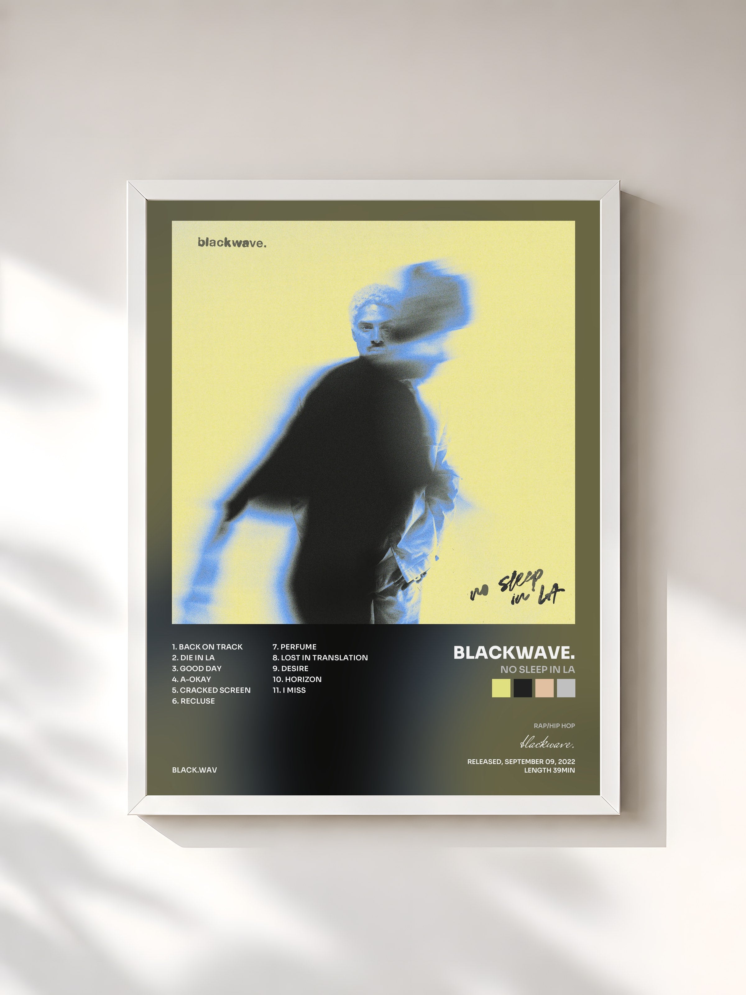 #blanc Tableau de l'album no sleep in LA de blackwave., cadre blanc, imprimé et encadré en France