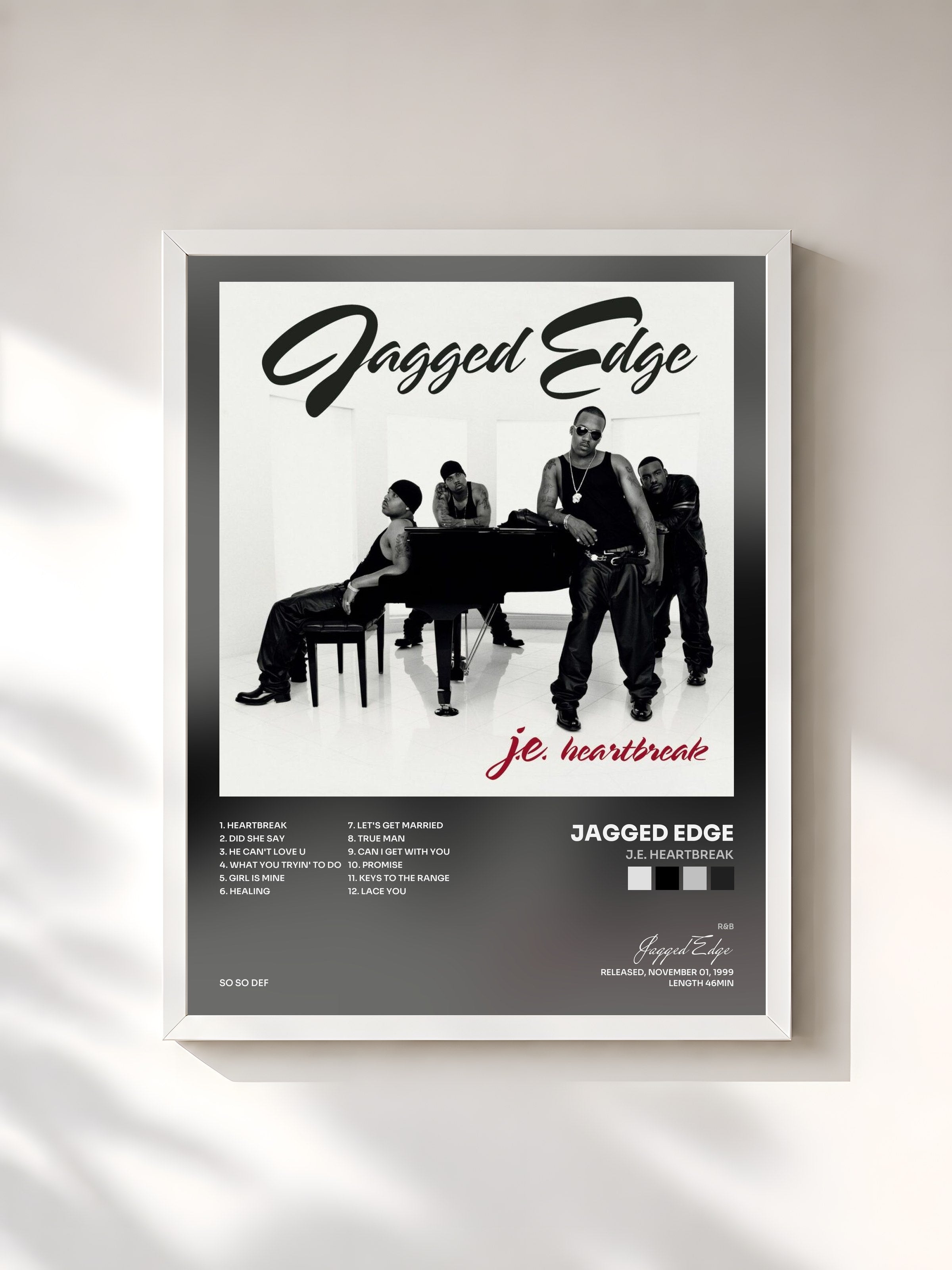 #blanc Tableau de l'album J.E. Heartbreak de Jagged Edge, cadre blanc, imprimé et encadré en France