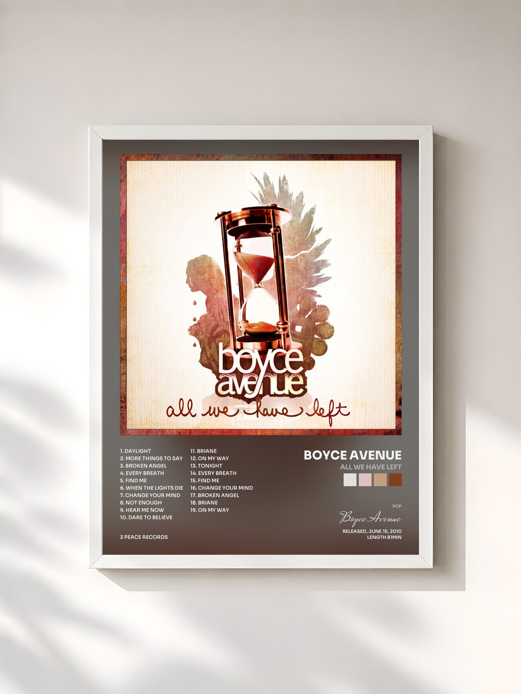 #blanc Tableau de l'album All We Have Left de Boyce Avenue, cadre blanc, imprimé et encadré en France