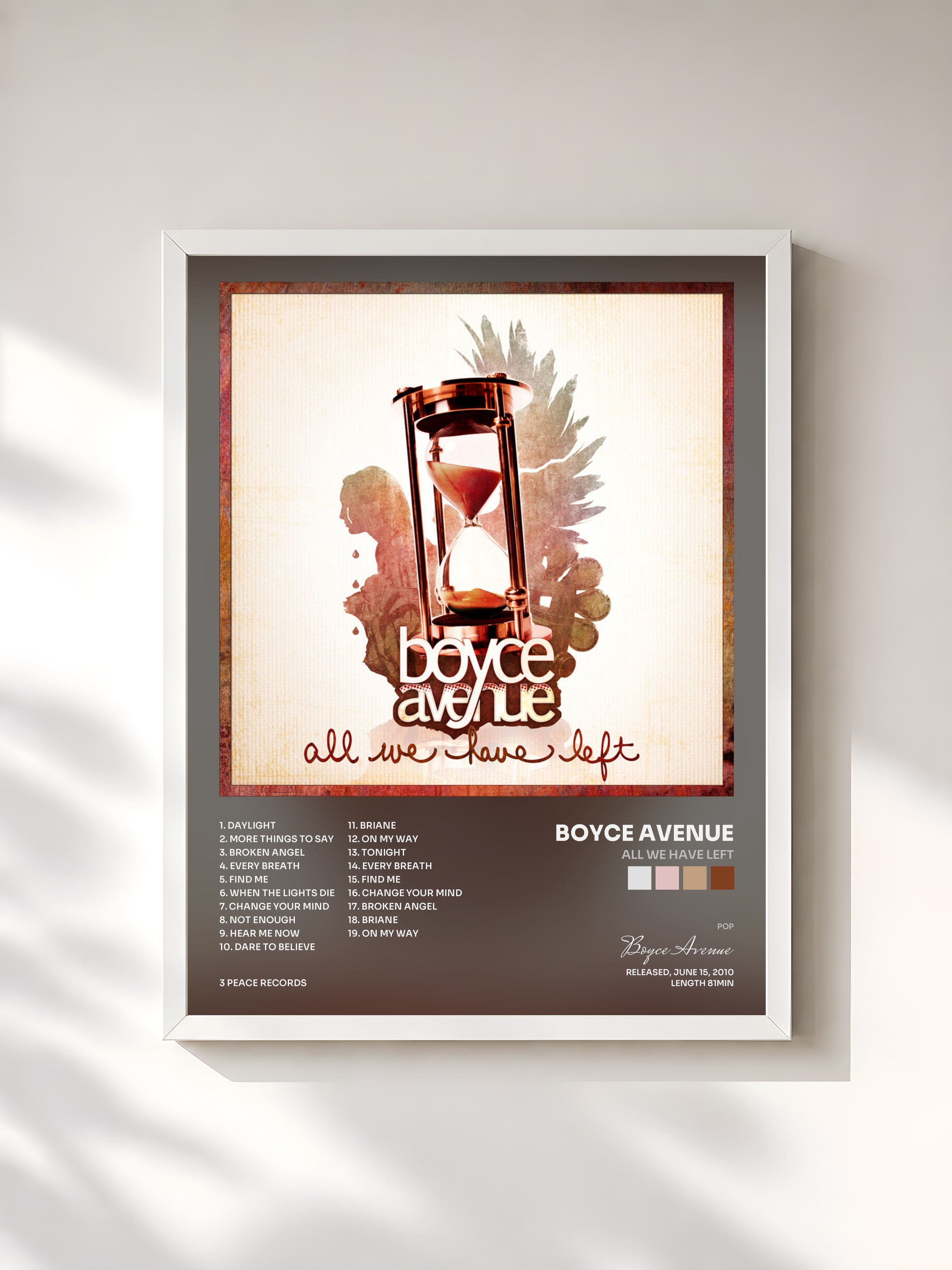 #blanc Tableau de l'album All We Have Left de Boyce Avenue, cadre blanc, imprimé et encadré en France