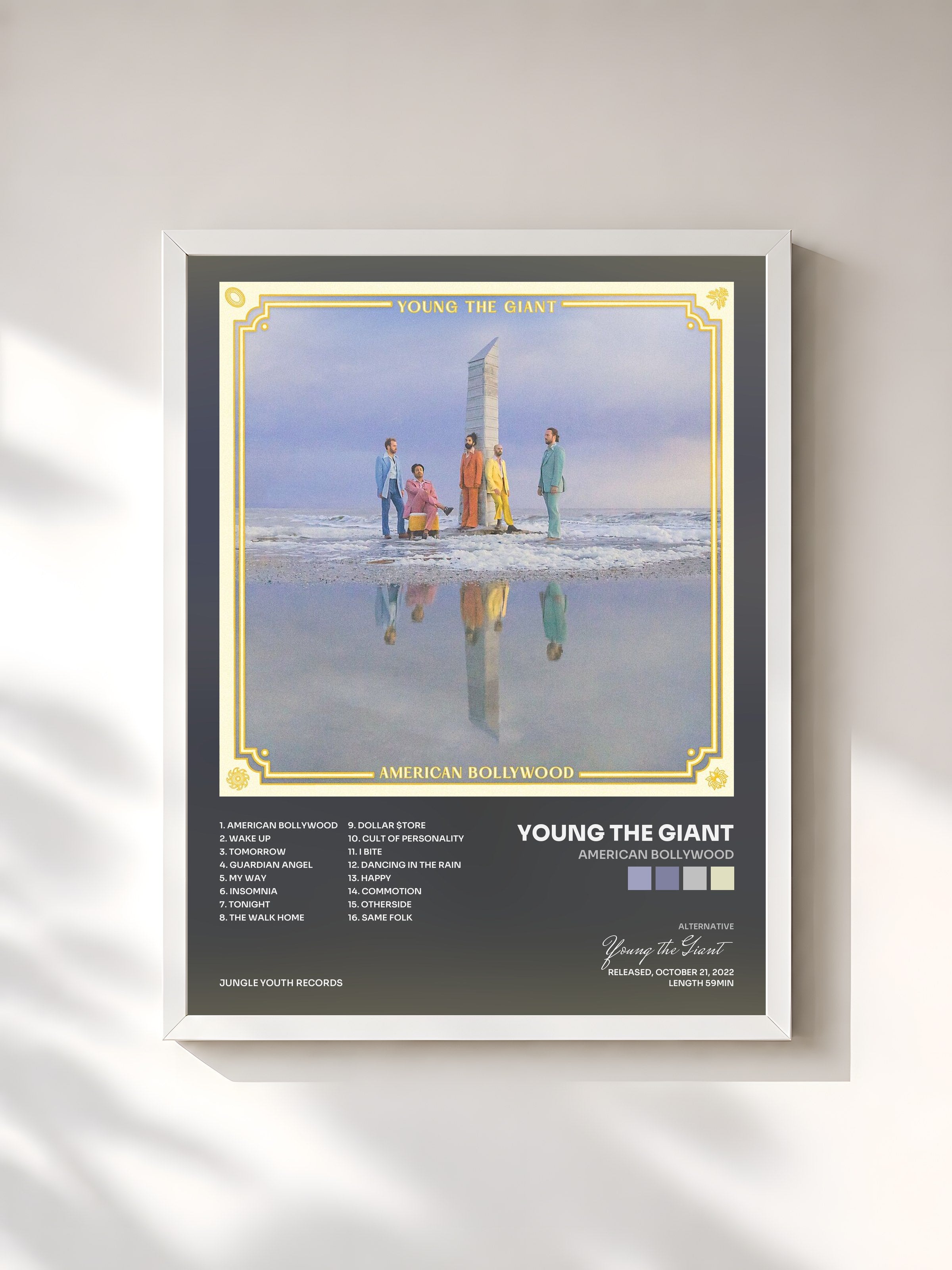 #blanc Tableau de l'album American Bollywood de Young the Giant, cadre blanc, imprimé et encadré en France
