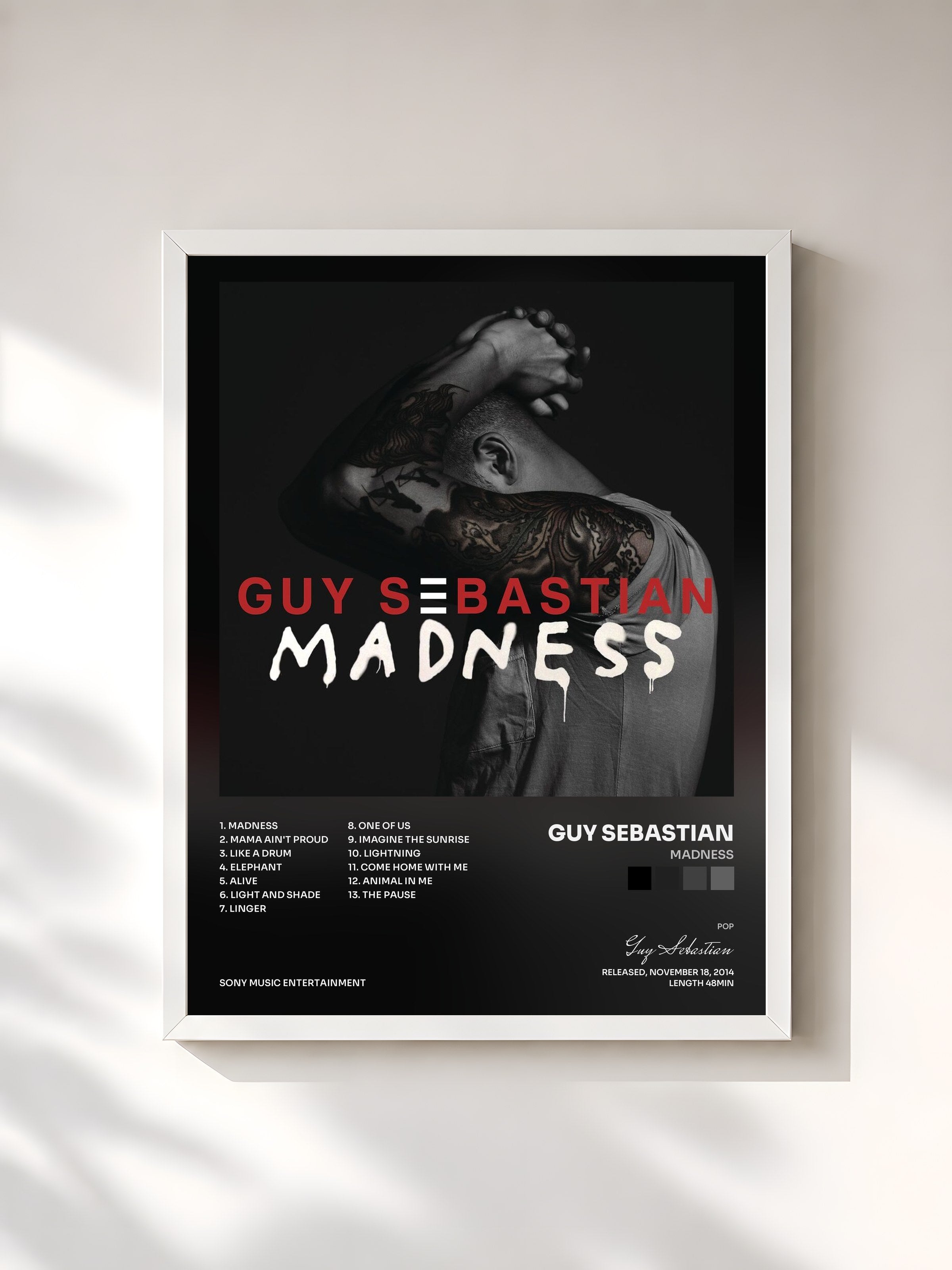 #blanc Tableau de l'album Madness de Guy Sebastian, cadre blanc, imprimé et encadré en France
