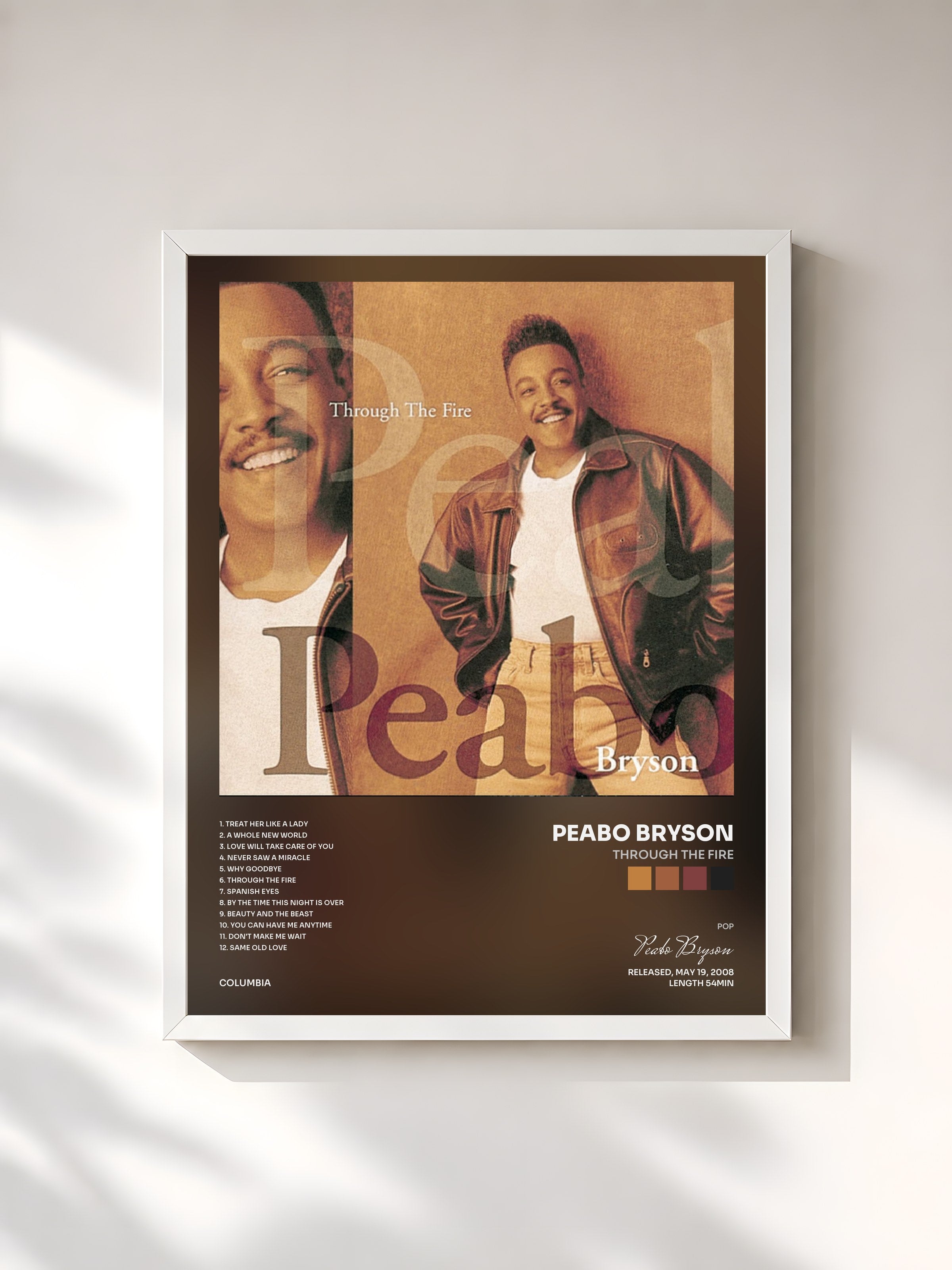 #blanc Tableau de l'album Through The Fire de Peabo Bryson, cadre blanc, imprimé et encadré en France