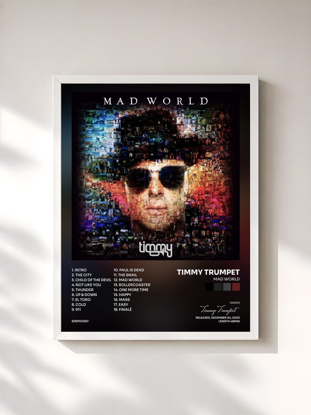 #blanc Tableau de l'album Mad World de Timmy Trumpet, cadre blanc, imprimé et encadré en France