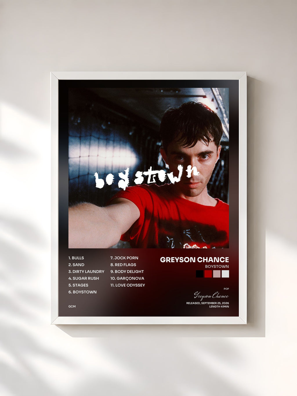 #blanc Tableau de l'album BOYSTOWN de Greyson Chance, cadre blanc, imprimé et encadré en France